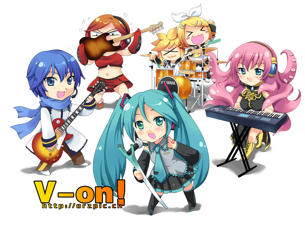 tian shi meng mo, hatsune miku, kagamine len, kagamine rin, kaito (vocaloid), megurine luka, meiko (vocaloid), takoluka, k-on!, vocaloid, > <, 2boys, 4girls, :3, aqua hair, band (music), chibi, closed eyes, drum, drum set, guitar, instrument, keyboard (instrument), living hair, microphone, mouth hold, multiple boys, multiple girls, parody, prehensile hair, spring onion, synthesizer, tentacle hair, themed object, thighhighs, twintails, x3