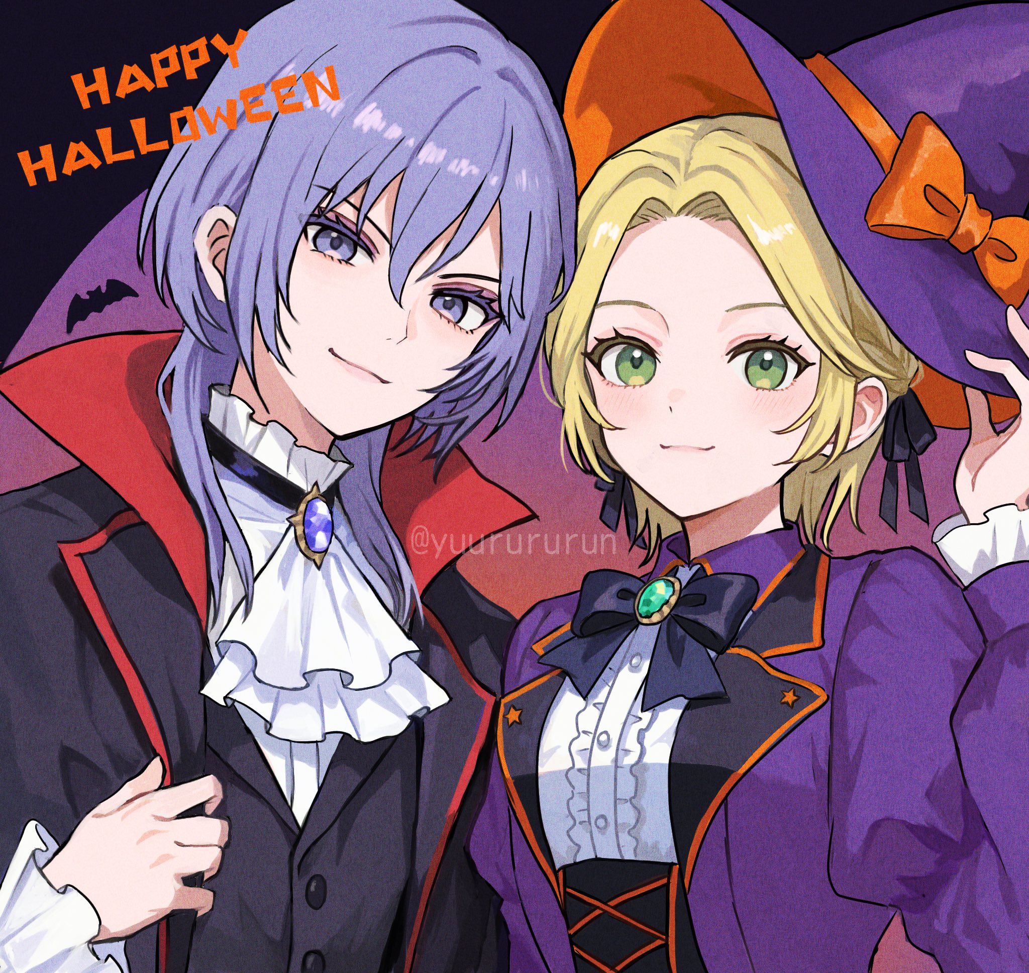 yuurururun, ingrid brandl galatea, ingrid brandl galatea (timeskip), yuri leclerc, yuri leclerc (timeskip), fire emblem, fire emblem: three houses, nintendo, commentary request, highres, mixed-language commentary, 1boy, 1girl, alternate costume, ascot, blonde hair, closed mouth, green eyes, halloween, halloween costume, happy halloween, hat, long sleeves, purple eyes, purple hair, purple hat, short hair, smile, twitter username, white ascot, witch hat