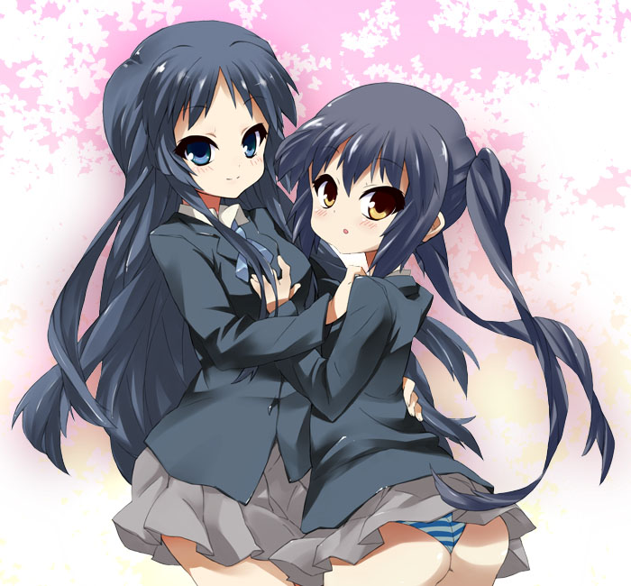 hama chon, akiyama mio, nakano azusa, k-on!, 00s, 2girls, black hair, blue eyes, brown eyes, long hair, multiple girls, panties, school uniform, striped clothes, striped panties, twintails, underwear, upskirt