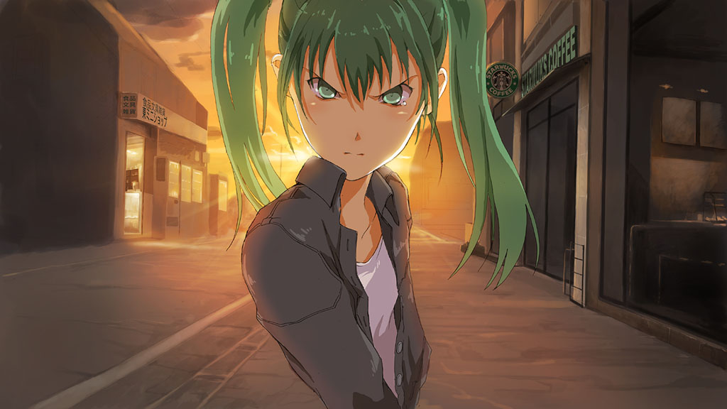shiika sadamasa, hatsune miku, dennou coil, starbucks, vocaloid, bad id, bad pixiv id, angry, casual, green eyes, green hair, jacket, parody, perspective, twintails