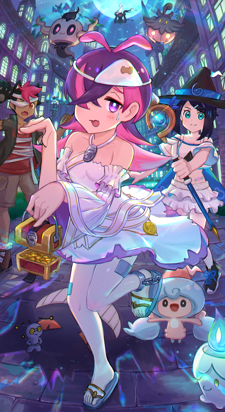 kutsunohito, darkrai, dot (pokemon), gimmighoul, hattrem, liko (pokemon), litwick, phantump, pumpkaboo, roy (pokemon), nintendo, pokemon, pokemon (anime), pokemon horizons, commentary request, highres, 1boy, 2girls, alternate costume, antenna hair, black hat, black shoes, blush, building, closed mouth, dress, gen 4 pokemon, gen 5 pokemon, gen 6 pokemon, gen 8 pokemon, halloween, halloween costume, hat, holding, holding staff, leg up, legendary pokemon, moon, multiple girls, mythical pokemon, night, open mouth, outdoors, pants, pokemon (creature), purple eyes, purple hair, sandals, shirt, shoes, sky, smile, staff, standing, sweatdrop, toes, witch hat