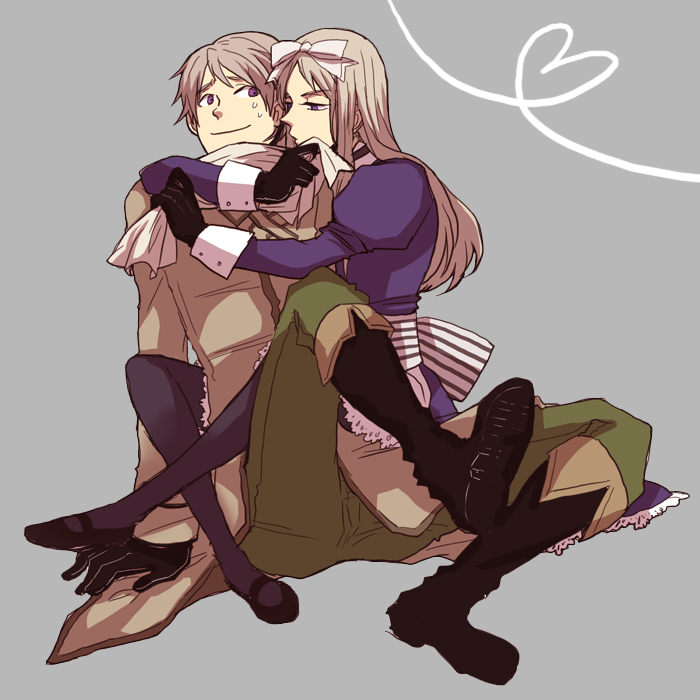sudachips, belarus (hetalia), russia (hetalia), axis powers hetalia, silver hair, striped, bad id, bad pixiv id, 00s, 1boy, 1girl, boots, coat, dress, gloves, hair ribbon, heart, hetero, hug, lingerie, pantyhose, petticoat, ribbon, scarf, siblings, sweatdrop, trench coat, underwear