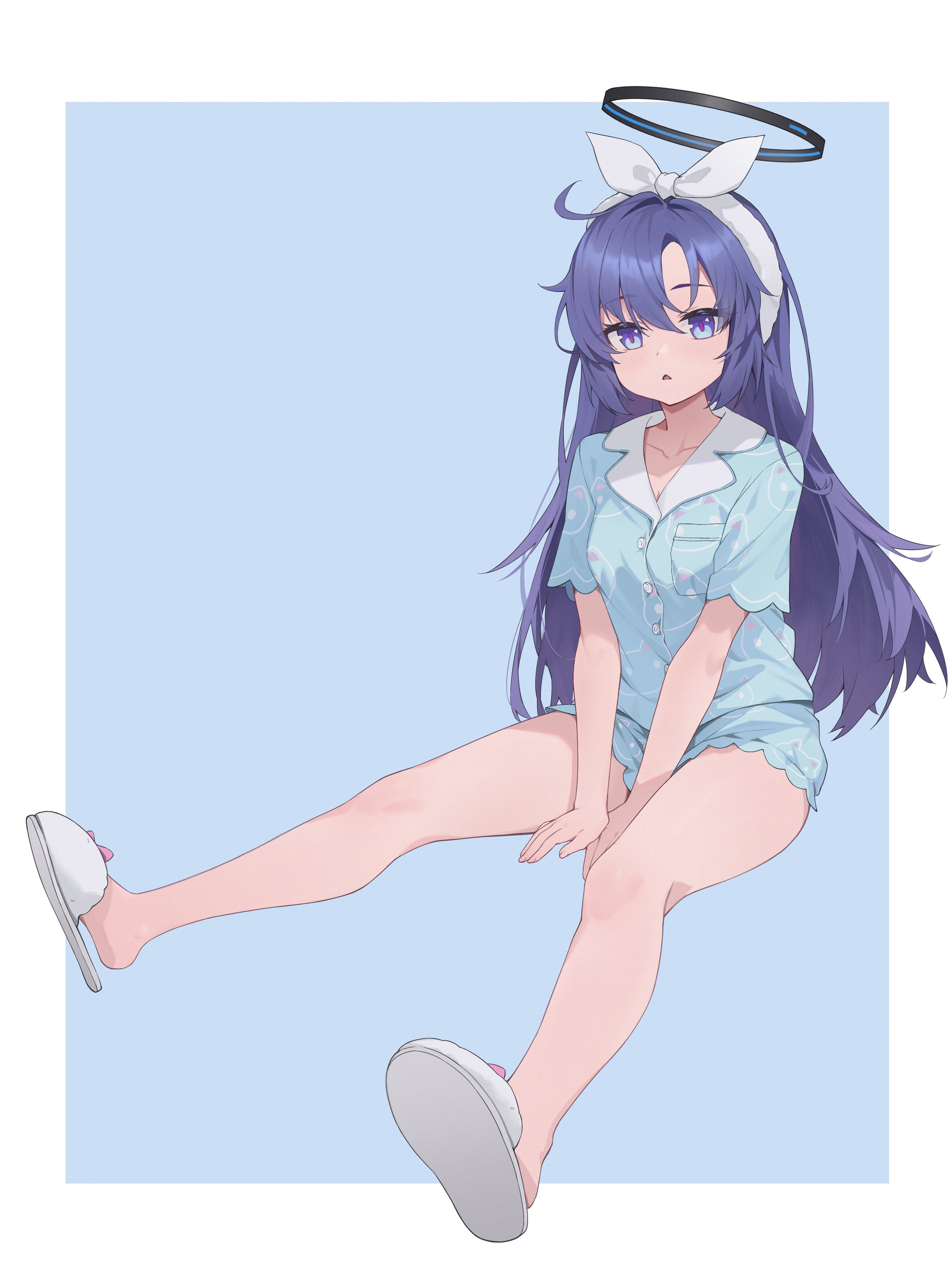 yuuka (blue archive), yuuka (pajamas) (blue archive), blue archive, absurdres, highres, 1girl, :<, animal print, bare legs, between legs, black halo, blue background, blue hair, blue pajamas, blue shirt, blue shorts, buttons, cat print, frilled pajamas, frills, hairband, halo, hand between legs, long hair, mechanical halo, messy hair, official alternate costume, pajamas, print pajamas, red pupils, shirt, shorts, simple background, sitting, sleepwear, slippers, solo, user wyfu3872, very long hair, white hairband, white slippers
