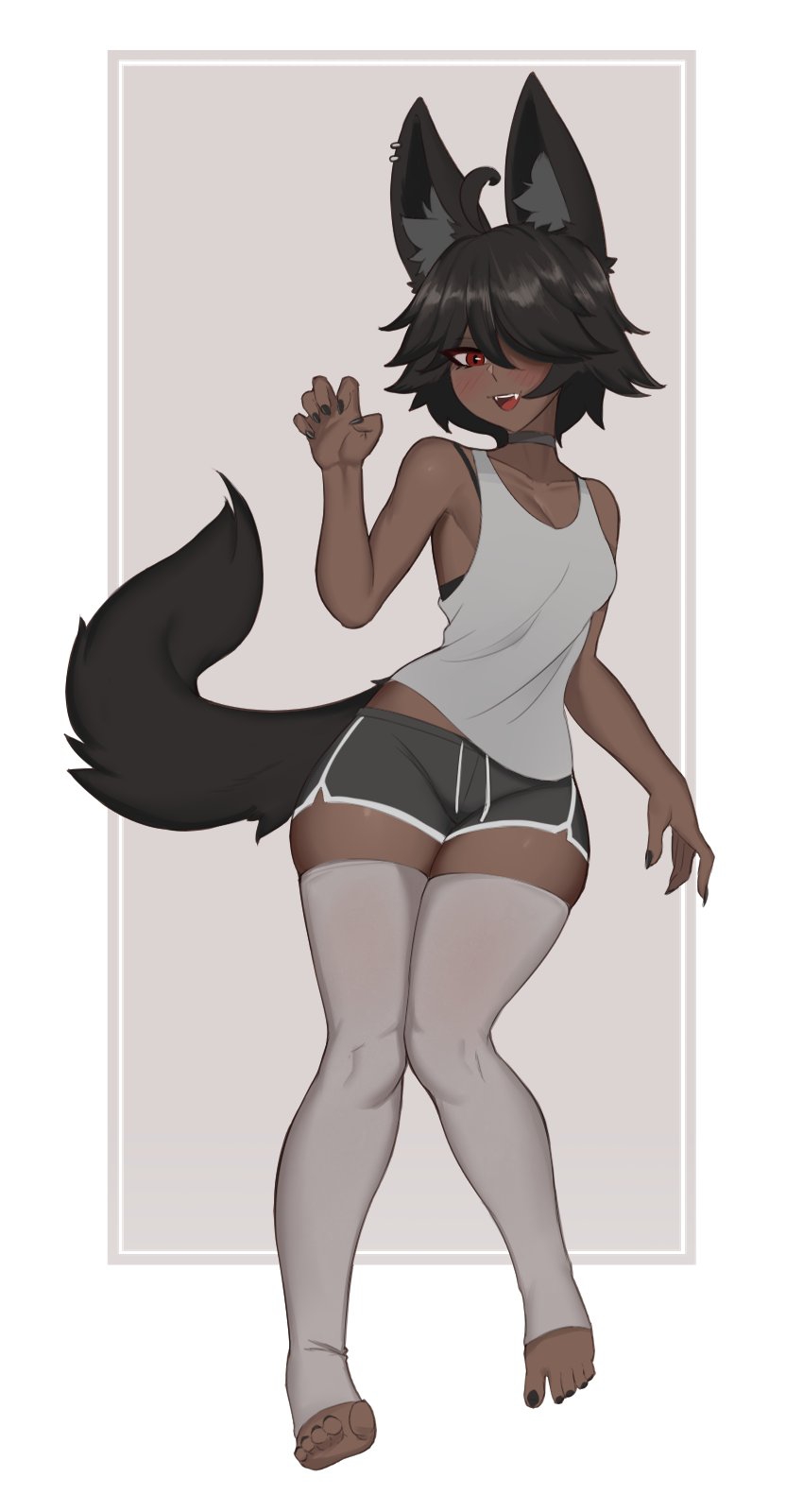 ater18, original, highres, 1girl, animal ears, black hair, black nails, black shorts, collarbone, dark-skinned female, dark skin, fangs, fingernails, grey background, grey shirt, grey thighhighs, hair over one eye, hand up, nail polish, open mouth, sharp fingernails, shirt, short hair, shorts, solo, tail, teeth, thighhighs, toeless legwear, toenail polish, toenails, upper teeth only, white background, wolf ears, wolf tail