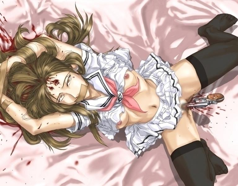 bdsm, blood, breasts, brown hair, death, gag, gun, guro, headshot, improvised gag, school uniform, serafuku, skirt, tape, tape gag, thighhighs, weapon