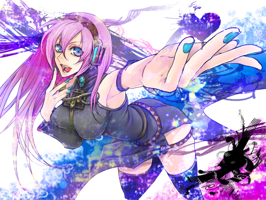 zuwai kani, megurine luka, vocaloid, bad id, bad pixiv id, 1girl, armpits, belt, blue eyes, blue nails, breasts, female focus, headphones, heart, large breasts, long hair, nail polish, pink hair, side slit, smile, solo, thighhighs