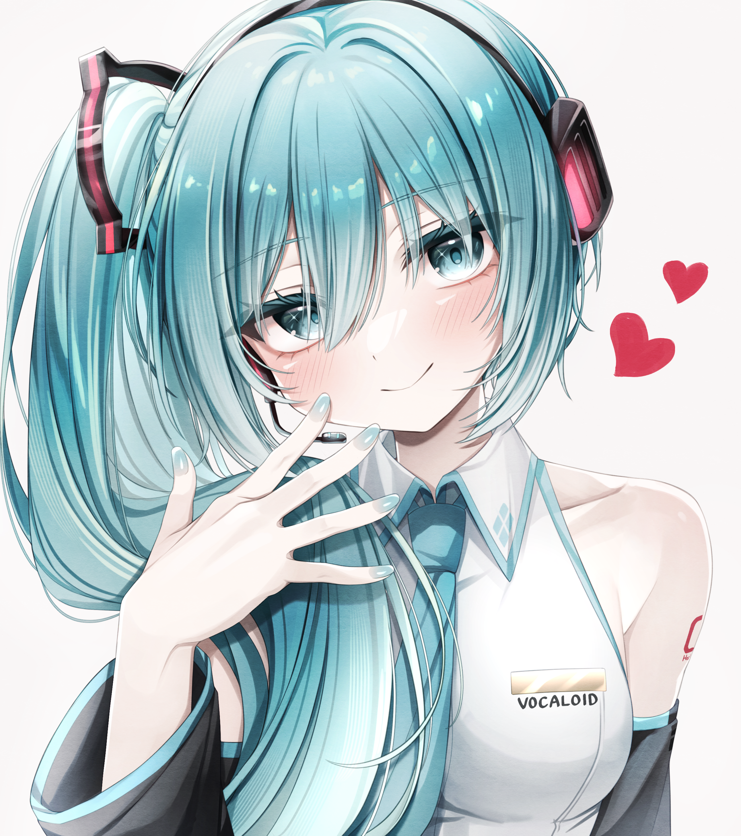 dasom, hatsune miku, hatsune miku (noodle stopper), vocaloid, absurdres, commentary, highres, symbol-only commentary, 1girl, alternate hairstyle, applying manicure, aqua eyes, aqua hair, aqua nails, aqua necktie, aqua trim, bare shoulders, black sleeves, blush, breasts, closed mouth, collarbone, collared shirt, detached sleeves, hair between eyes, hair ornament, hair over shoulder, hand up, head tilt, headphones, heart, long hair, long sleeves, looking at viewer, medium breasts, meme, nail polish, necktie, shirt, side ponytail, sidetail miku noodle stopper (meme), simple background, sleeveless, sleeveless shirt, smile, solo, upper body, very long hair, white background, white shirt, wide sleeves
