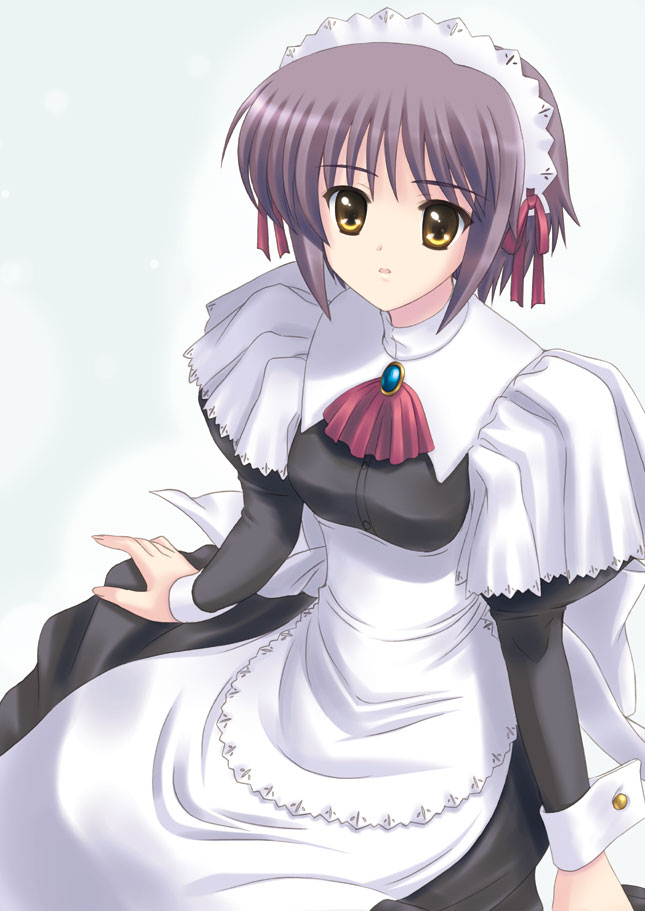 kishi nisen, kotonomiya yuki, nagato yuki, suigetsu, suzumiya haruhi no yuuutsu, 1girl, alternate costume, brown eyes, cosplay, enmaided, female focus, grey hair, kotonomiya yuki (cosplay), maid, name connection, short hair, sitting, solo, wrist cuffs, yellow eyes