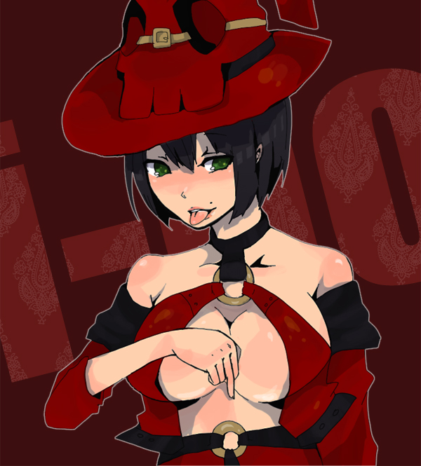 nikiro, i-no, arc system works, guilty gear, bad id, bad pixiv id, bare shoulders, black hair, bob cut, breasts, cleavage, collar, green eyes, hat, large breasts, middle finger, mole, red hat, short hair, solo, tongue, witch hat