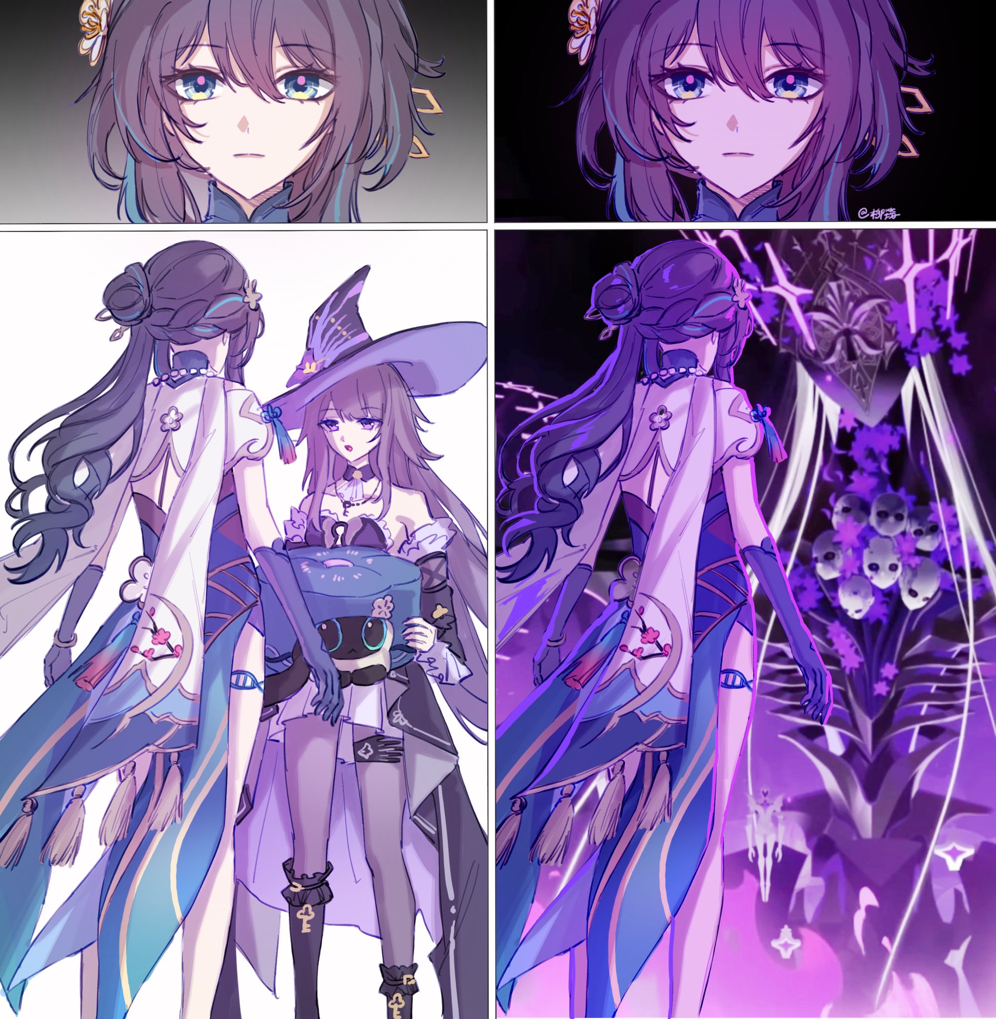 liuyun (liuyun73492), herta (honkai: star rail), irontomb, ruan mei (honkai: star rail), ruan mei (lambda's friend) (honkai: star rail), the herta (honkai: star rail), honkai: star rail, honkai (series), hashtag-only commentary, highres, 2girls, alternate form, aqua eyes, aqua gloves, aqua streaks, ascot, bad end, bead necklace, beads, black hair, braid, brown hair, chinese clothes, collar, detached sleeves, dress, faceless, floral print, flower, gloves, hair bun, hair flower, hair ornament, hat, jewelry, multiple girls, necklace, purple flower, ribs, side braid, skull, tassel, thigh strap, witch hat, yuri