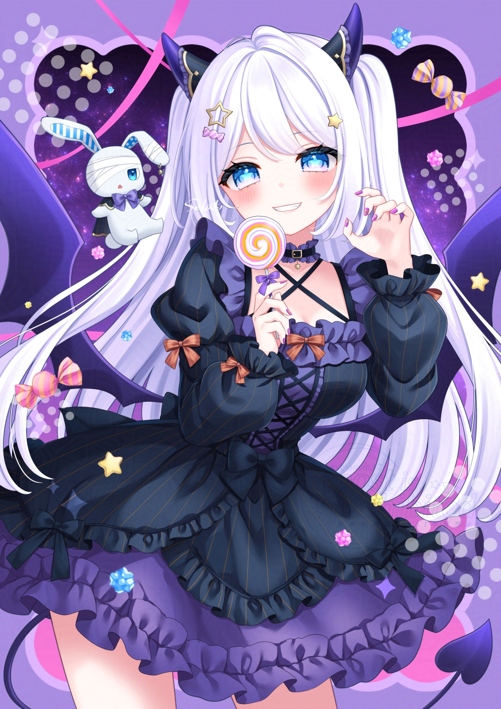 stardrop, original, highres, 1girl, black dress, blue eyes, blush, breasts, candy, demon tail, demon wings, dress, food, grey hair, hair ornament, hairclip, large breasts, lollipop, long hair, long sleeves, looking at viewer, low wings, pink nails, purple dress, smile, solo, star-shaped pupils, star (symbol), swirl lollipop, symbol-shaped pupils, tail, two-tone dress, wings