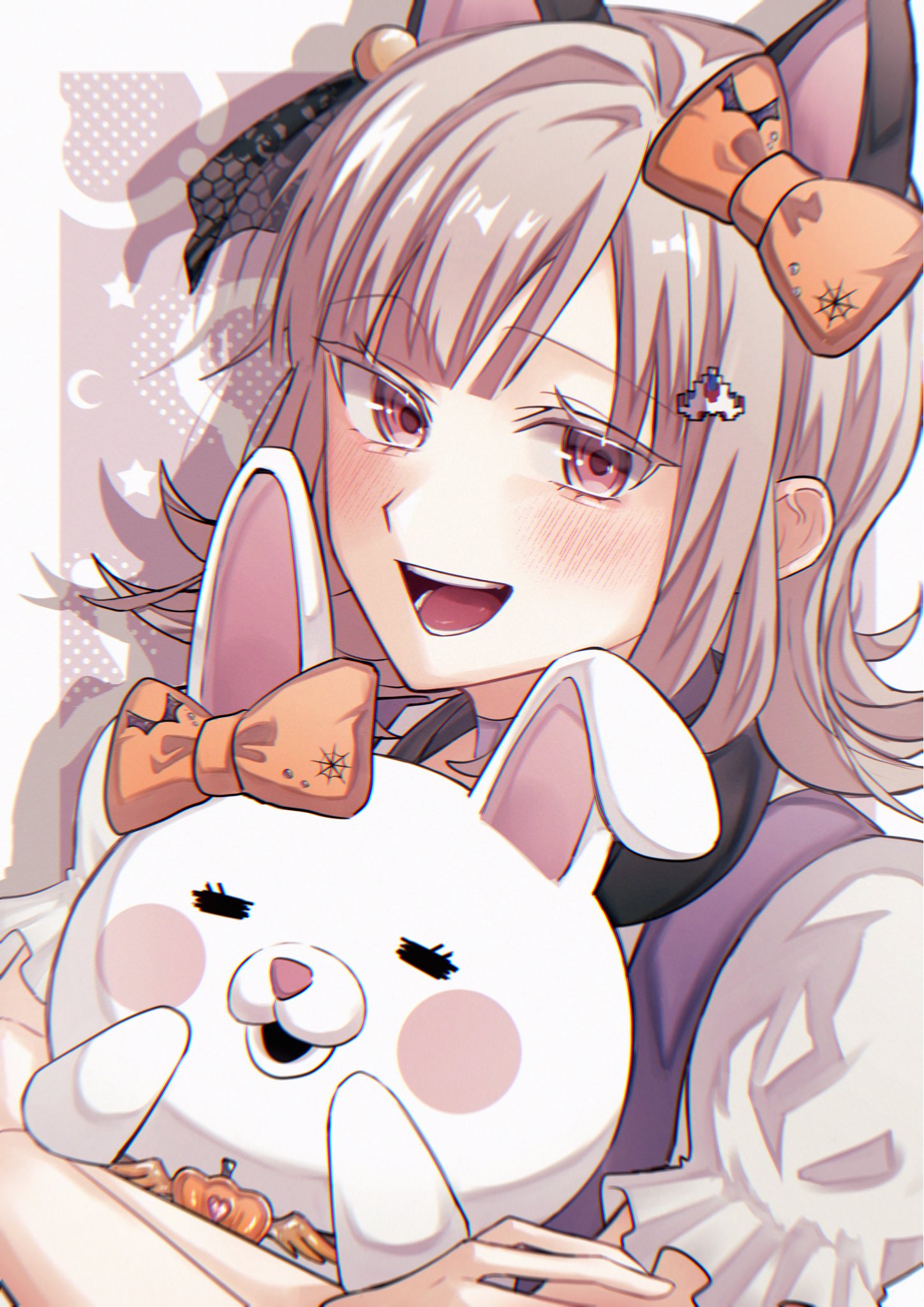 nanami chiaki, usami (danganronpa), danganronpa (series), danganronpa 2: goodbye despair, highres, 1girl, :d, animal ears, blush, blush stickers, bow, cat ears, ear bow, flipped hair, hair ornament, mai duo, medium hair, open mouth, orange bow, pink eyes, puffy short sleeves, puffy sleeves, short sleeves, smile, teeth, tongue, white background