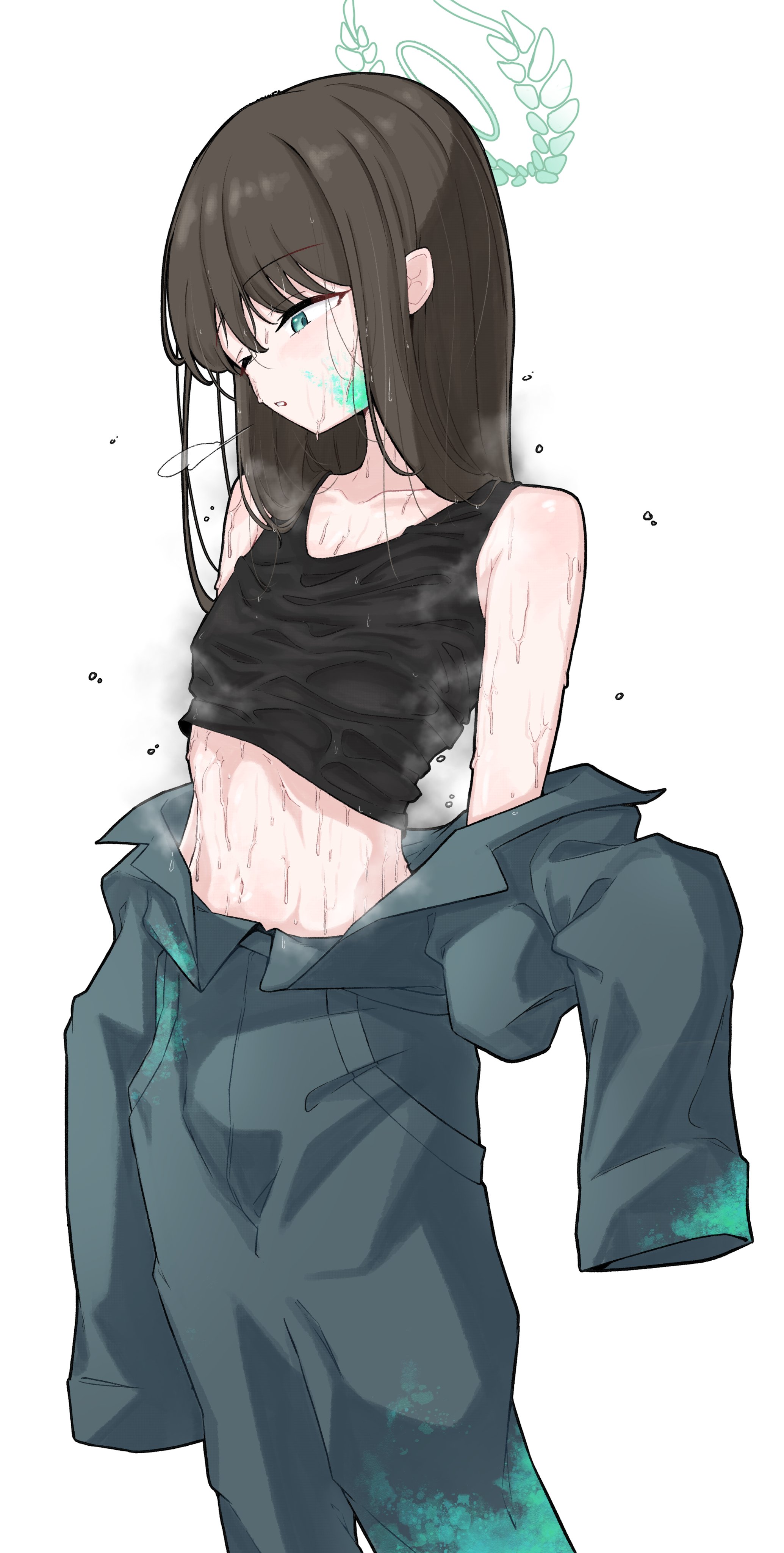 743 (743rd bat), airi (blue archive), airi (halloween) (blue archive), blue archive, absurdres, highres, 1girl, black shirt, black tank top, brown hair, green halo, halo, jumpsuit, official alternate costume, one eye closed, open jumpsuit, shirt, solo, steaming body, sweat, tank top, white background