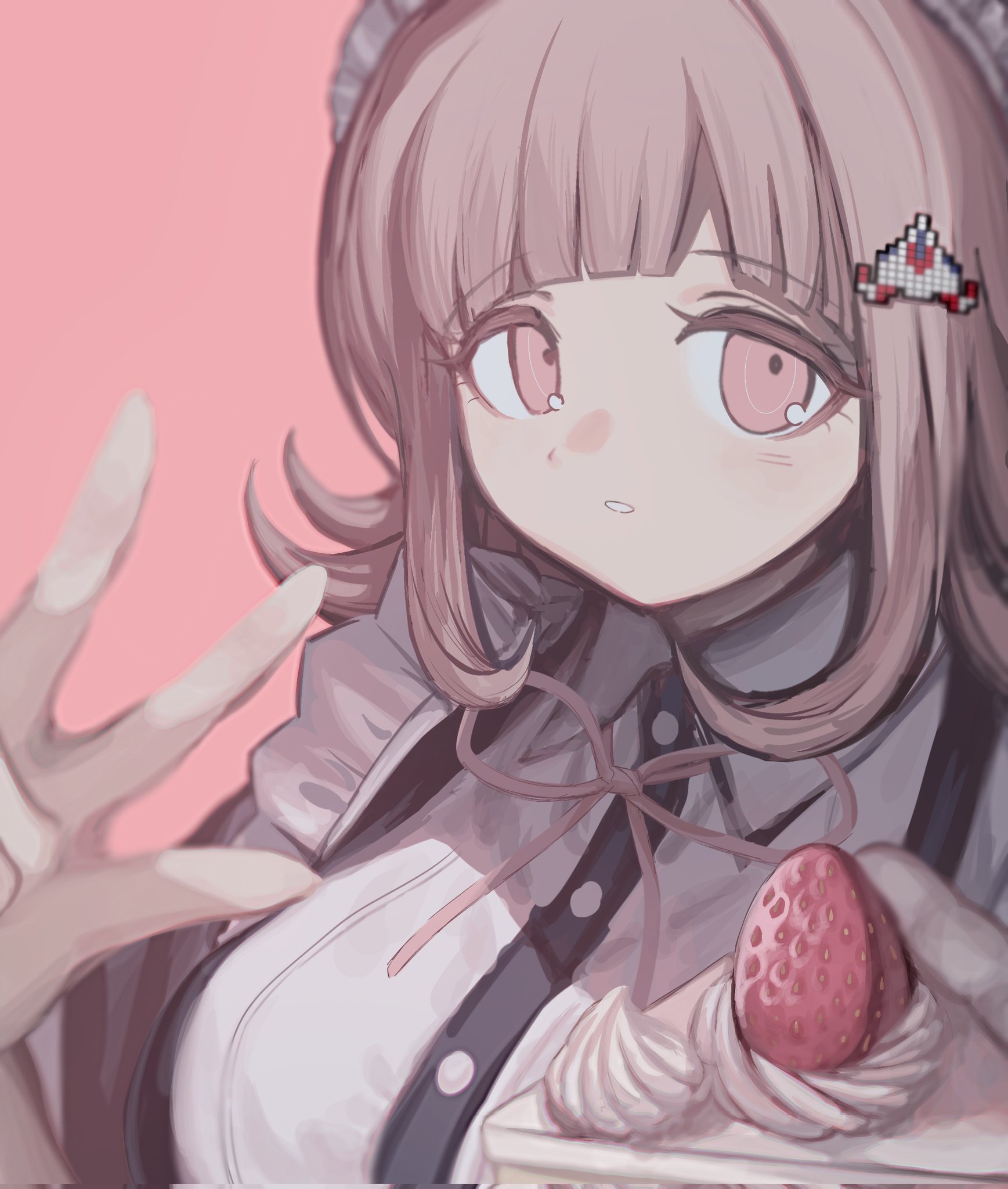 nanami chiaki, danganronpa (series), danganronpa 2: goodbye despair, highres, 1girl, breasts, brown hair, collared dress, dress, hair ornament, large breasts, maid, maid headdress, medium hair, neck ribbon, official alternate costume, pink background, pink eyes, pink ribbon, ribbon, simple background, smile, solo, tago (matsu0da), teeth