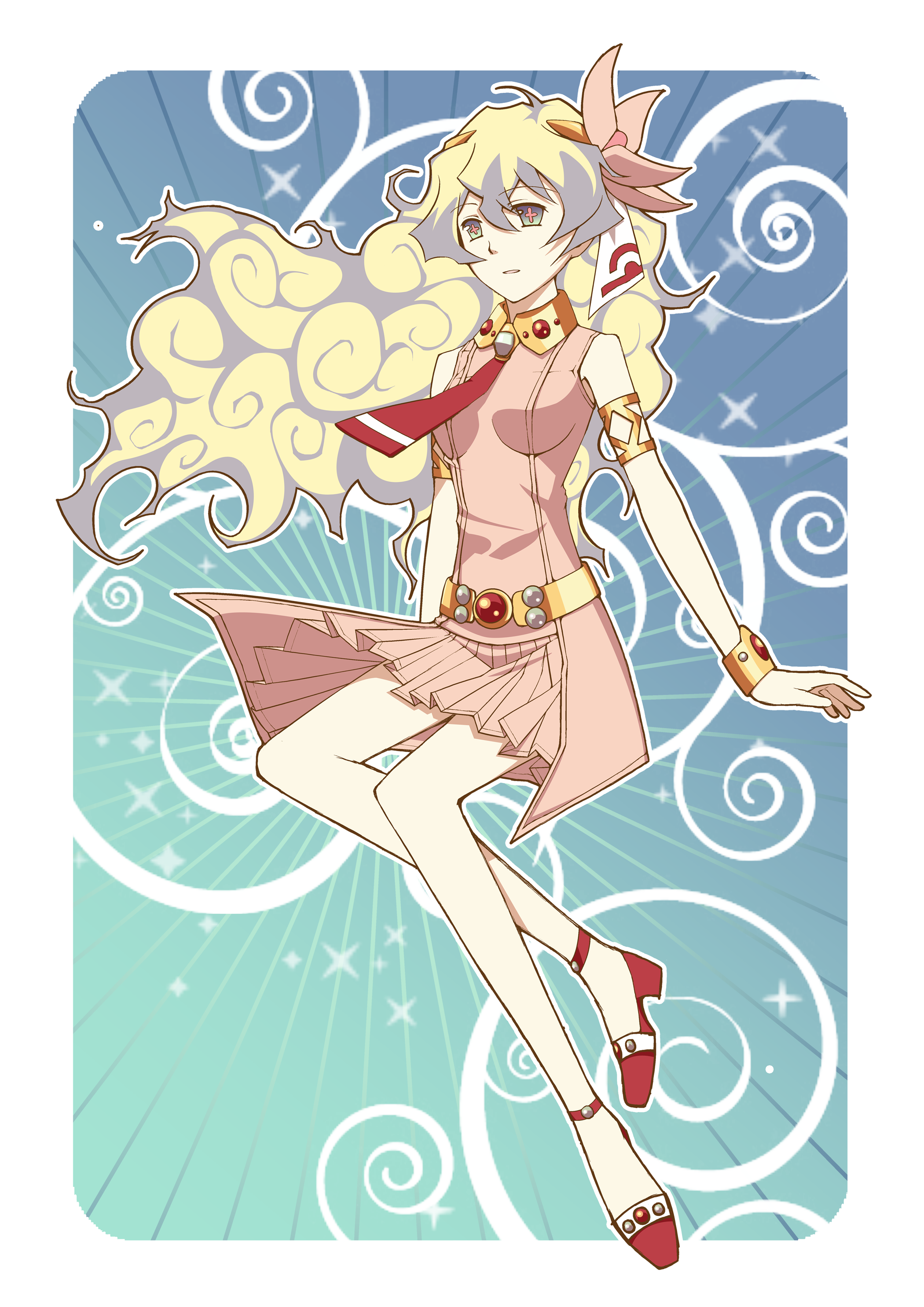 eariel, nia teppelin, tengen toppa gurren lagann, absurdres, highres, + +, 00s, 1girl, armlet, belt, bracelet, cross-shaped pupils, curly hair, dress, female focus, flower, full body, gold trim, hair flower, hair ornament, jewelry, long hair, mary janes, multicolored hair, necktie, outside border, pink dress, pink skirt, princess, shoes, skirt, solo, symbol-shaped pupils, two-tone hair, very long hair