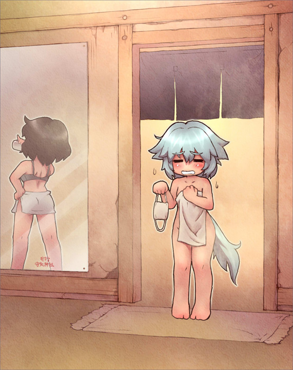 sankuma, inubashiri momiji, shameimaru aya, touhou, 2girls, barefoot, bathhouse, black hair, blush, bra, drinking, female focus, lingerie, mask, mouth mask, multiple girls, nude, surgical mask, tail, towel, underwear