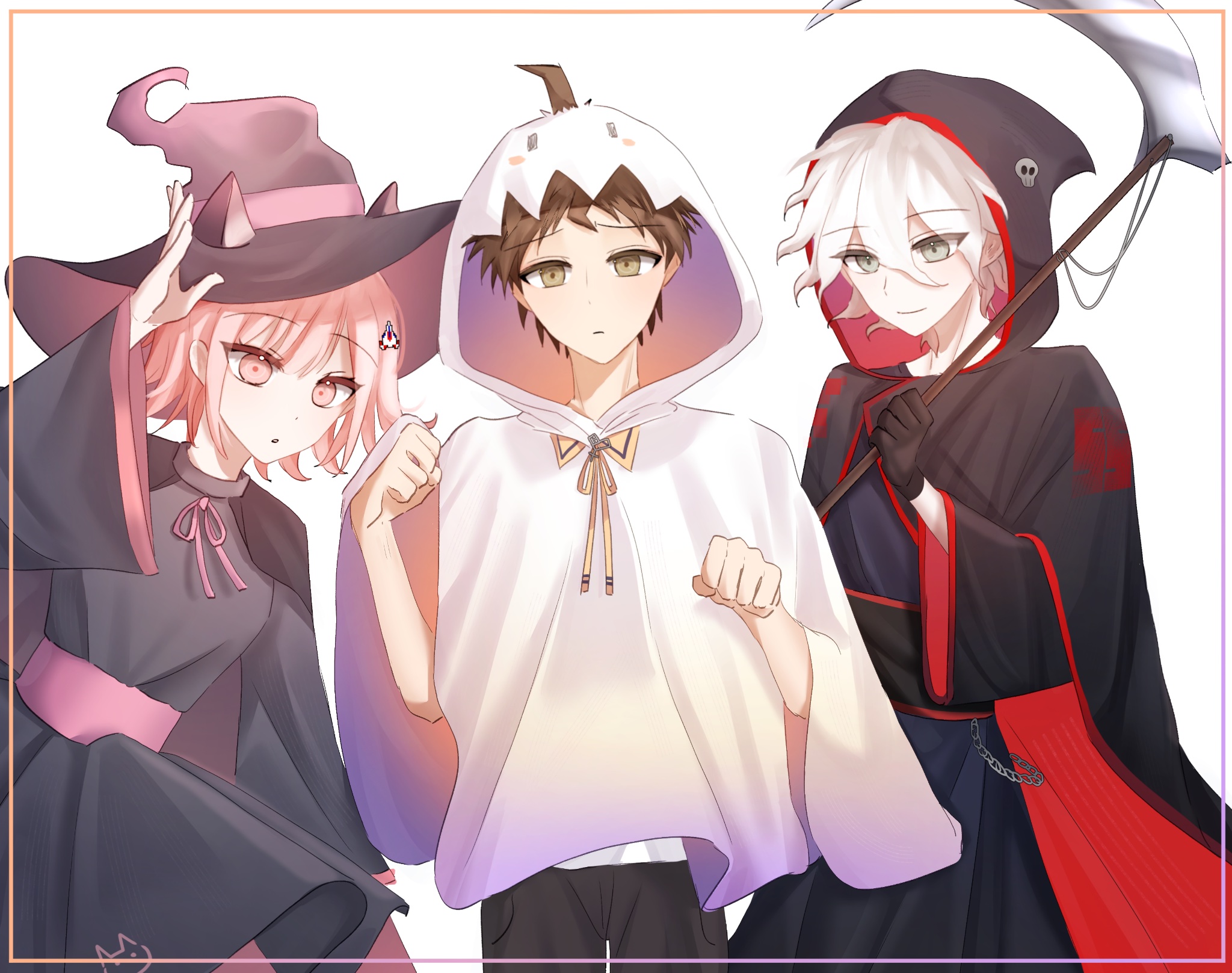 death (entity), grim reaper, hinata hajime, komaeda nagito, nanami chiaki, danganronpa (series), danganronpa 2: goodbye despair, highres, 1girl, 2boys, :o, ahoge, black dress, black gloves, black hat, black pants, brown hair, chain, cosplay, cowboy shot, dress, ghost costume, gloves, grim reaper (cosplay), hair between eyes, hair through hood, halloween, hat, holding, holding scythe, hood, hood up, ica (icrs 2221), long sleeves, medium hair, multiple boys, pants, pink eyes, scythe, smile, white background, white hair, wide sleeves, witch