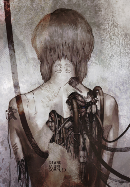 km2, kusanagi motoko, ghost in the shell, ghost in the shell: stand alone complex, 00s, 1girl, back, cable, cyborg, damaged, female focus, joints, plugged into flesh, robot joints, solo