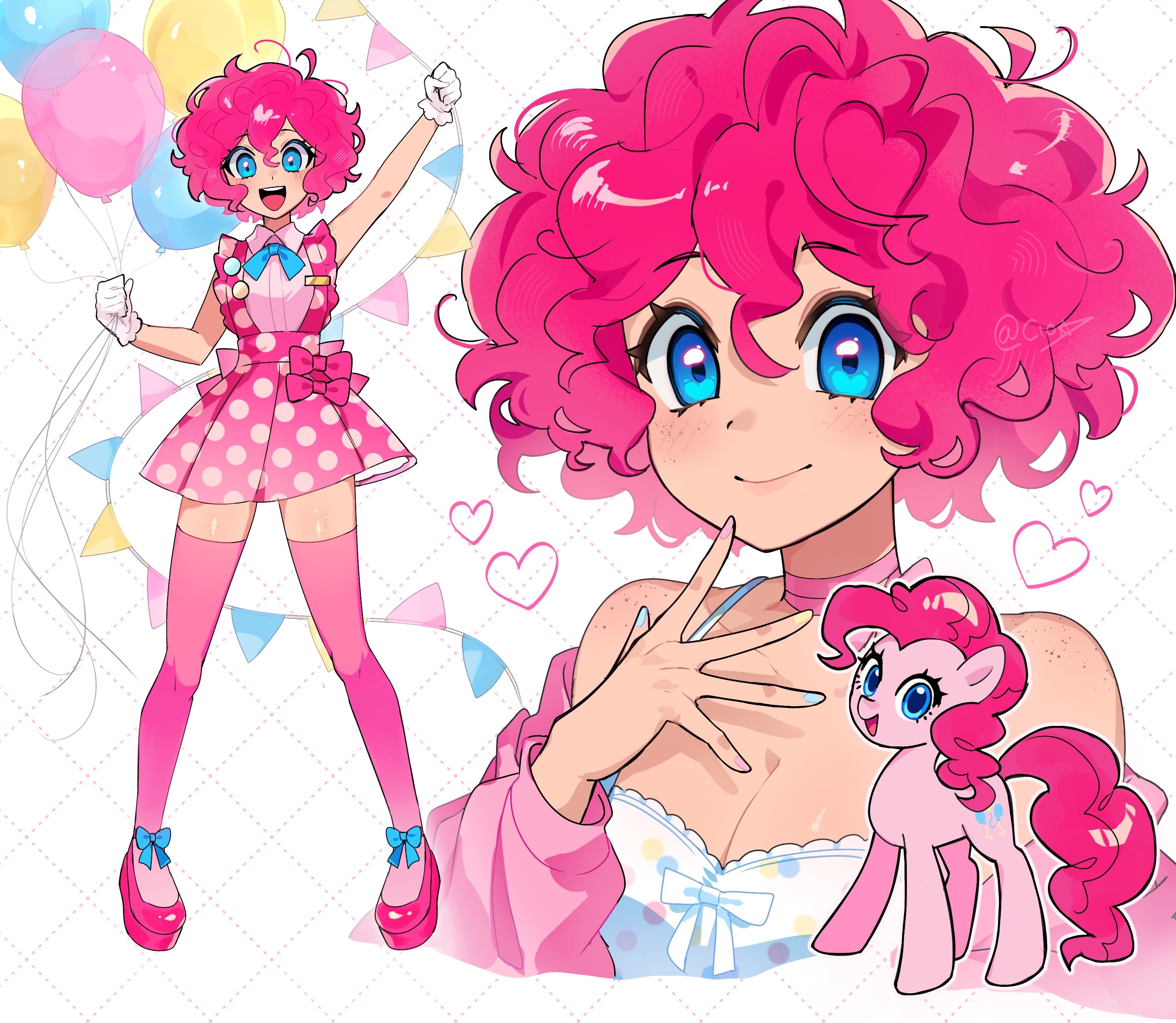 cio (ciosui), pinkie pie, my little pony, my little pony: friendship is magic, absurdres, commentary, english commentary, highres, 1girl, arm up, balloon, bare shoulders, blue bow, blue bowtie, bow, bowtie, breasts, cleavage, closed mouth, curly hair, full body, gloves, heart, holding, holding balloon, humanization, looking at viewer, multiple views, pink hair, pink shoes, pink skirt, pink thighhighs, polka dot, polka dot skirt, pony (animal), shirt, shoes, short hair, signature, skirt, sleeveless, sleeveless shirt, smile, string of flags, suspender skirt, suspenders, thighhighs, white gloves, white shirt, zettai ryouiki
