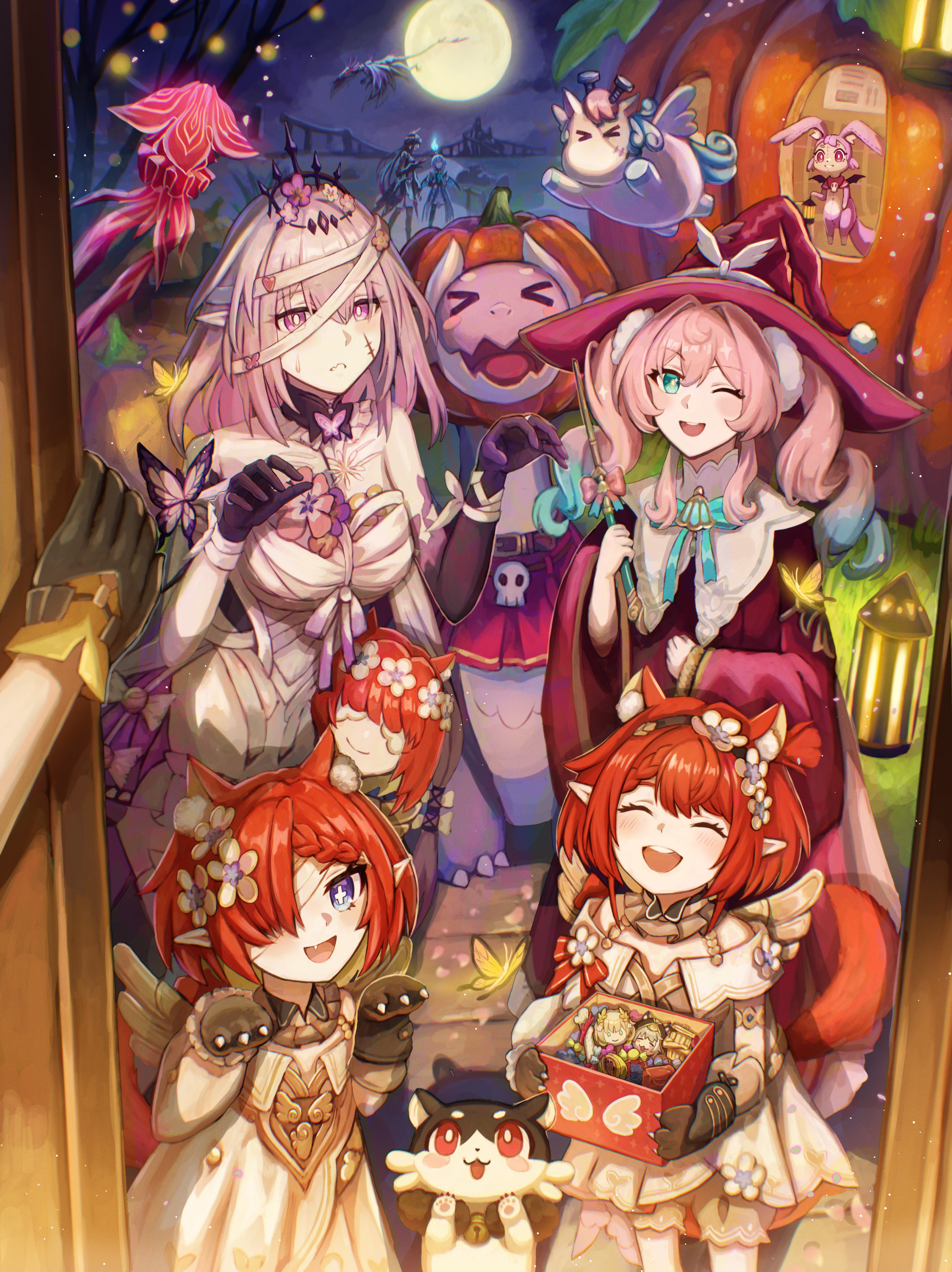 isome, aglaea (honkai: star rail), castorice (honkai: star rail), cerydra (honkai: star rail), chimera (honkai: star rail), cipher (honkai: star rail), hyacine (honkai: star rail), hysilens (honkai: star rail), little ica (honkai: star rail), pollux (honkai: star rail), trianne (honkai: star rail), tribbie (honkai: star rail), trinnon (honkai: star rail), honkai: star rail, honkai (series), absurdres, commentary, english commentary, highres, revision, 6+girls, animal ear fluff, animal hands, aqua hair, bandages, bell, black fur, bug, butterfly, candy, character charm, charm (object), chrysos heirs (honkai: star rail), closed eyes, dress, drill hair, dromas (honkai: star rail), evey (honkai: star rail), flower, food, halloween bucket, hat, insect, moon, multiple girls, pink hair, pointy ears, pov, pumpkin, purple hair, red hair, tiara, twin drills, witch hat