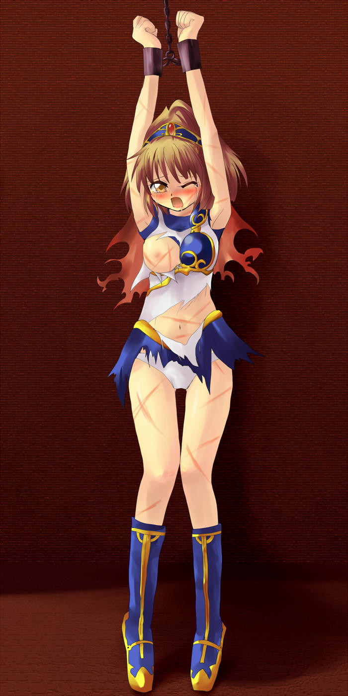 arle nadja, madou monogatari, puyopuyo, highres, tagme, bdsm, blush, bondage, bound, chain, tears, torn clothes, whip marks, wink, yellow eyes