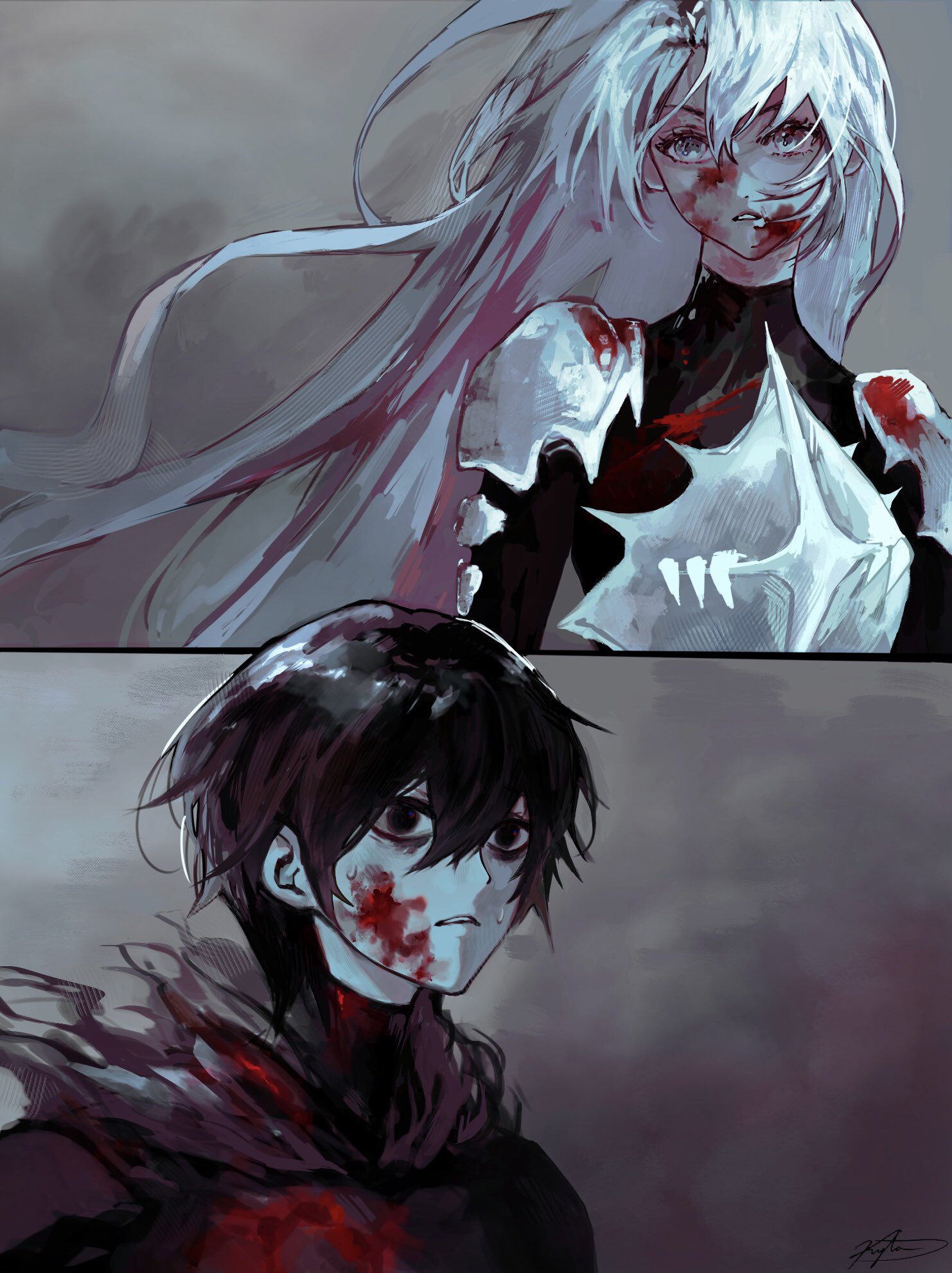 nephis (shadow slave), sunny (shadow slave), shadow slave, commentary, english commentary, highres, 1boy, 1girl, armor, bags under eyes, black hair, black shirt, blood, blood on clothes, blood on face, floating hair, hair between eyes, kyta 5, looking at another, shirt, shoulder armor, sparkling eyes, upper body, white hair, wide-eyed