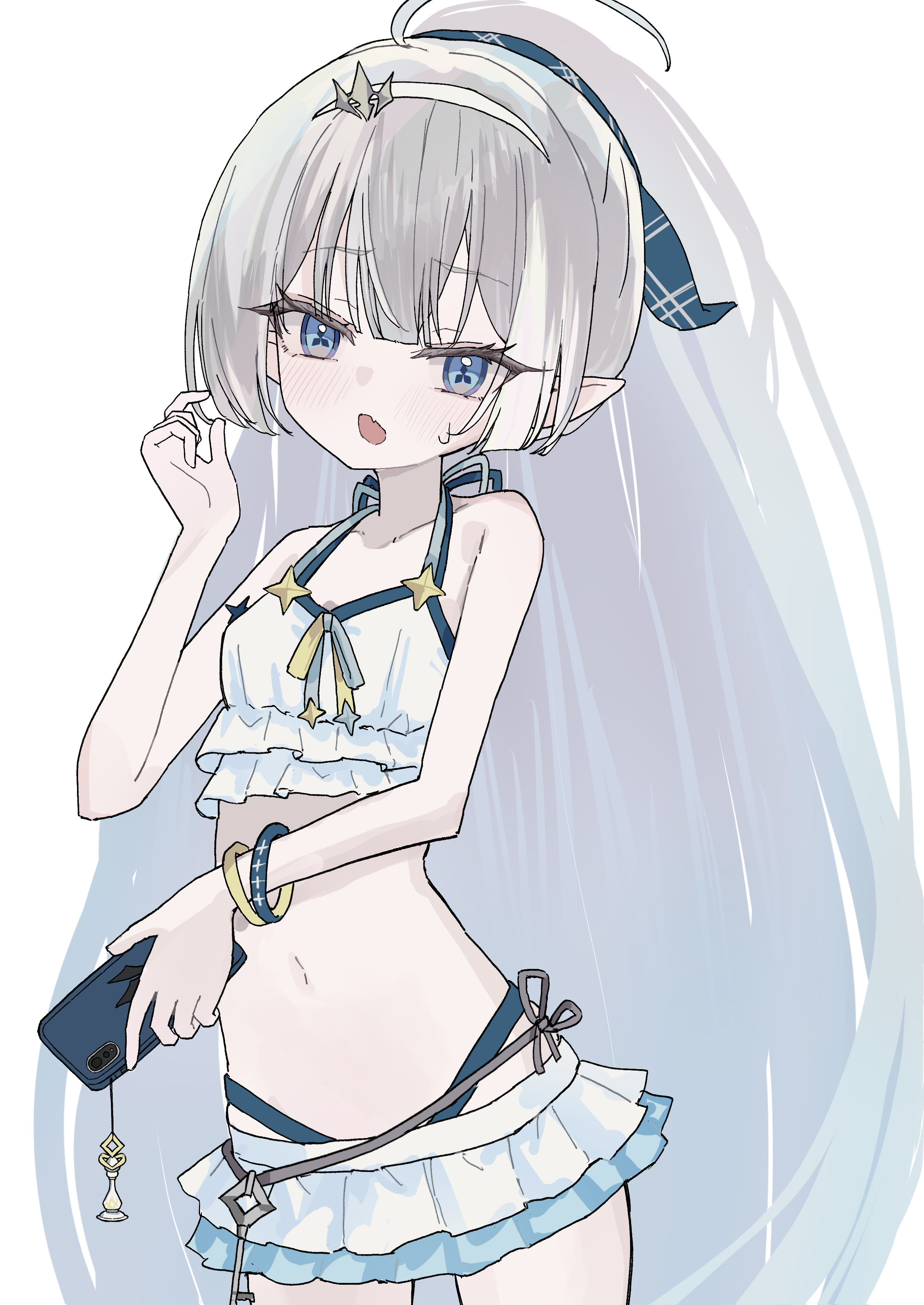inaba reito, female tyrant (stella sora), tyrant (stella sora), stella sora, absurdres, commentary request, highres, 1girl, bare shoulders, bikini, bikini skirt, blue eyes, blue ribbon, breasts, cellphone, charm (object), chess piece, collarbone, extra pupils, fang, frilled bikini, frilled skirt, frills, grey hair, hair ornament, hair ribbon, hairband, high ponytail, holding, holding phone, key, official alternate costume, open mouth, phone, pointy ears, ponytail, ribbon, simple background, skin fang, skirt, small breasts, smartphone, solo, standing, sweatdrop, swimsuit, white background, white bikini, white hairband, wristband