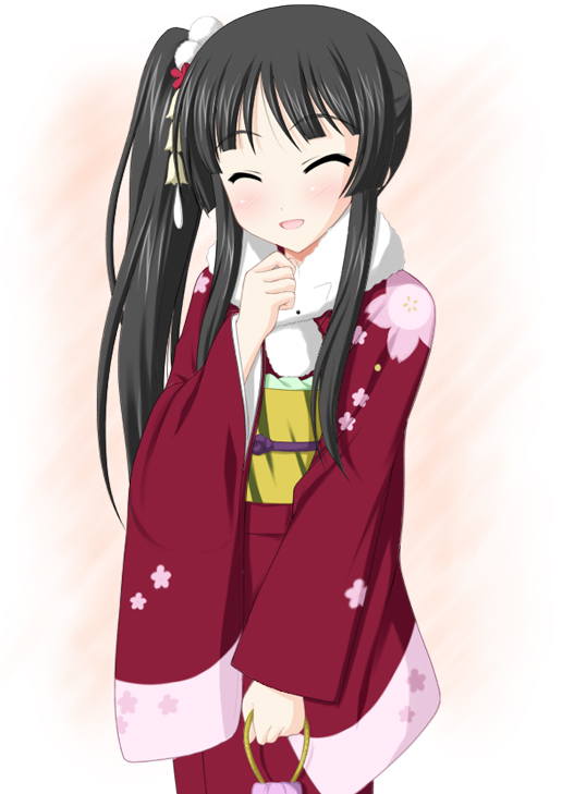 minamori noeru, akiyama mio, k-on!, 00s, 1girl, bag, black hair, blush, closed eyes, cropped legs, female focus, gradient background, hand up, holding, japanese clothes, kimono, long hair, obi, open mouth, parted bangs, ponytail, sash, side ponytail, smile, solo