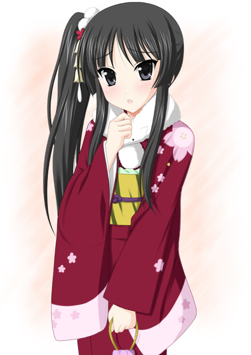 minamori noeru, akiyama mio, k-on!, 00s, 1girl, bag, black hair, female focus, gradient background, japanese clothes, kimono, long hair, scarf, side ponytail, solo