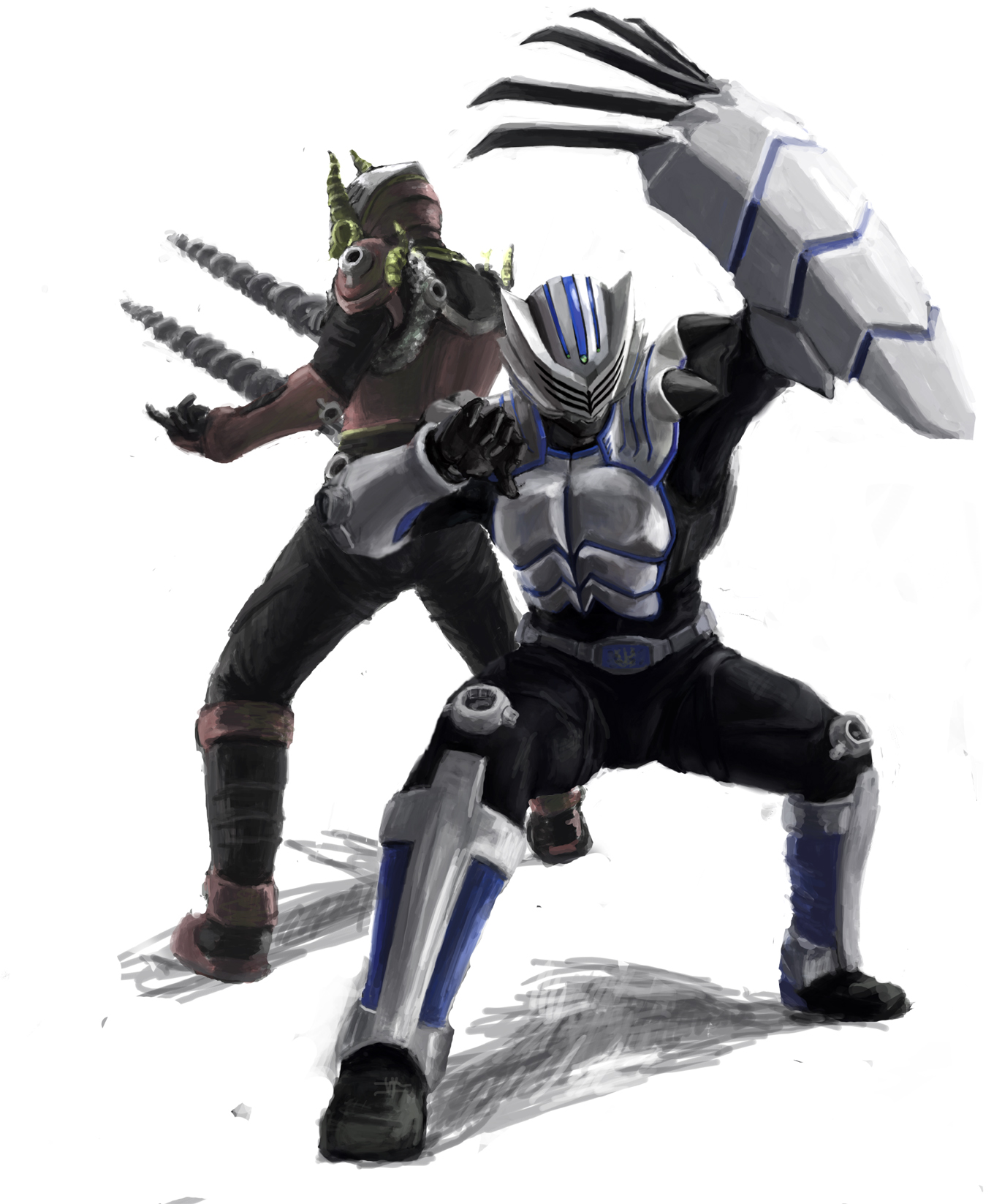toriyufu, kamen rider imperer, kamen rider tiger, kamen rider, highres, 2boys, belt, claws, drill, horns, multiple boys, shadow