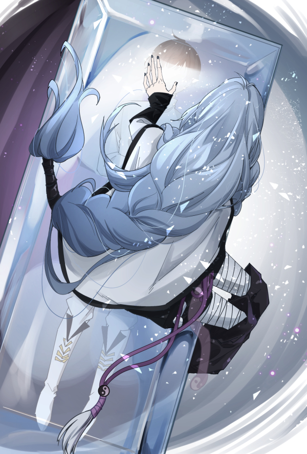 male master (the tale of food), taichi taro paste (the tale of food), the tale of food, chinese commentary, 2boys, antenna hair, bandaged leg, bandages, black hair, black nails, black pants, black shirt, boots, braid, casket, cloak, covered face, detached pants, facing away, feet out of frame, from above, full body, glass, grey hair, jacket, long hair, low-braided long hair, low-tied long hair, lying, male focus, multiple boys, nail polish, on back, pants, pants tucked in, purple ribbon, ribbon, shirt, short hair, single braid, sitting, sleeves past wrists, white background, white boots, white cloak, white jacket, white pants, yin yang, yin yang print, yunidabaobei