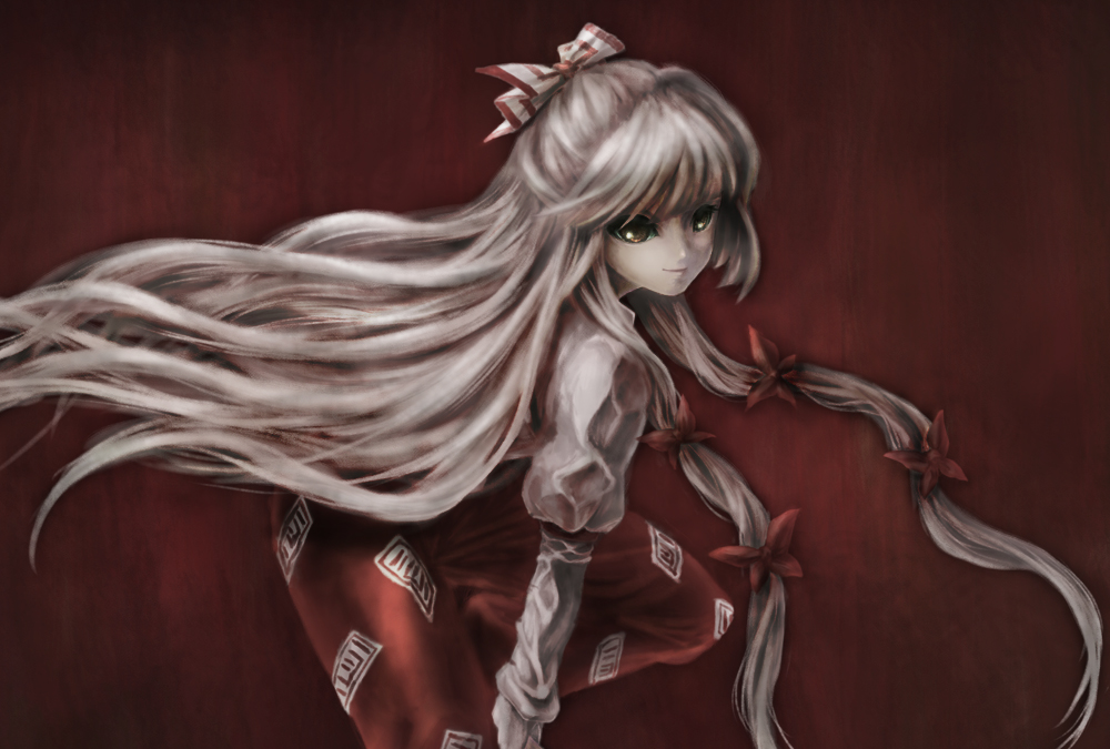 akira (pixiv51678), fujiwara no mokou, touhou, silver hair, 1girl, blunt bangs, female focus, long hair, looking afar, ofuda, pants, red eyes, sidelocks, sitting, solo, suspenders, very long hair