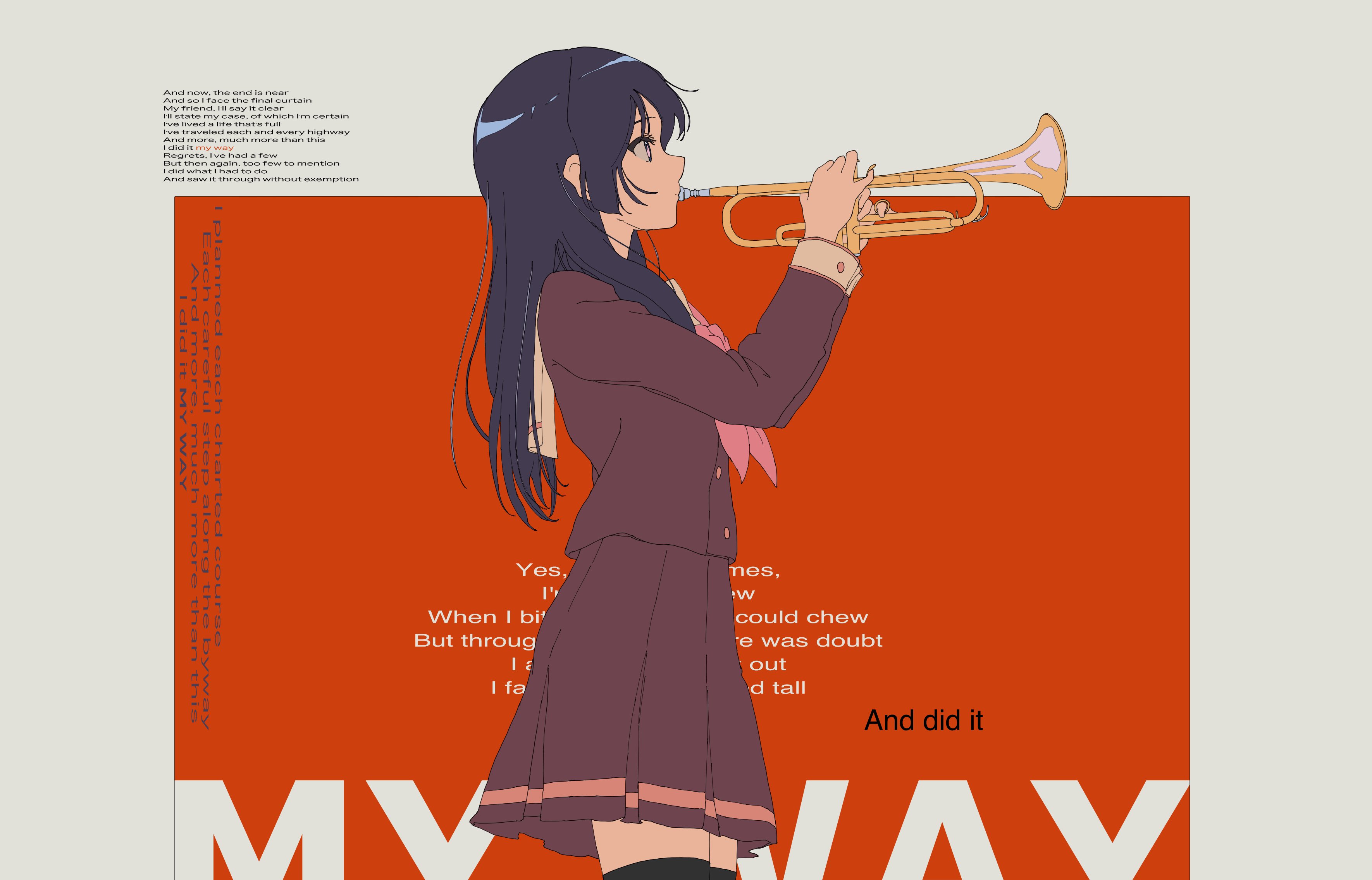 555emauma, kousaka reina, hibike! euphonium, absurdres, commentary, highres, symbol-only commentary, 1girl, black hair, black thighhighs, border, brown sailor collar, brown serafuku, brown shirt, brown skirt, cowboy shot, english text, from side, holding, holding instrument, holding trumpet, instrument, kitauji high school uniform, long hair, long sleeves, music, neckerchief, pink neckerchief, playing instrument, pleated skirt, profile, purple eyes, sailor collar, school uniform, serafuku, shirt, skirt, solo, standing, thighhighs, trumpet, white border