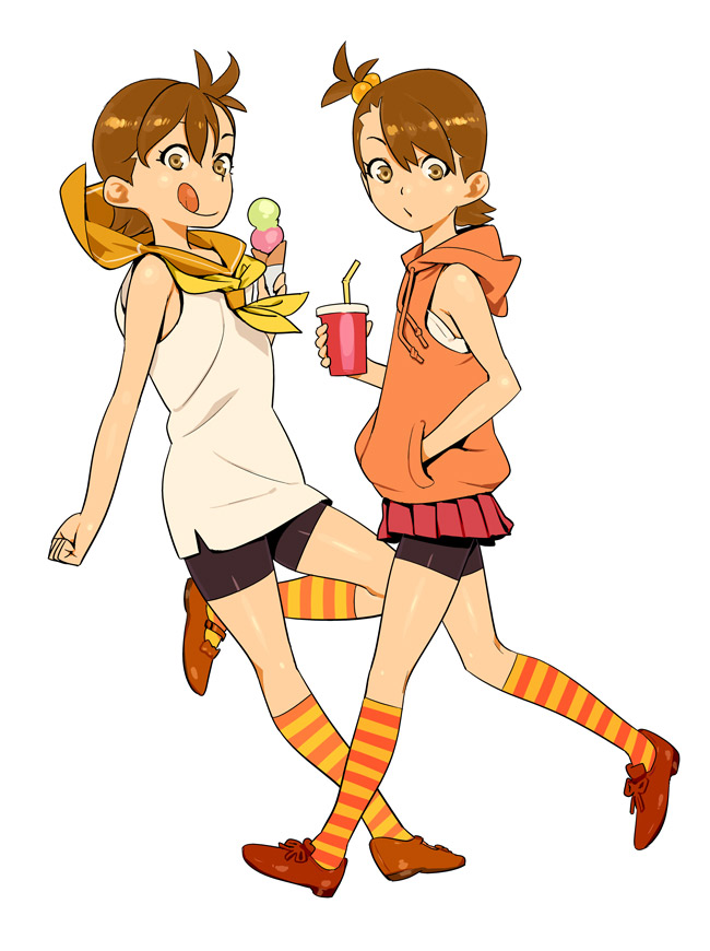 hamanasu, futami ami, futami mami, idolmaster, idolmaster (classic), striped legwear, bad id, bad pixiv id, 00s, 2girls, :q, bike shorts, brown hair, casual, drink, flat chest, food, hair bobbles, hair ornament, hand in pocket, hood, hoodie, ice cream, kneehighs, multiple girls, short hair, siblings, side ponytail, sisters, socks, striped clothes, striped socks, thighhighs, tongue, tongue out, twins