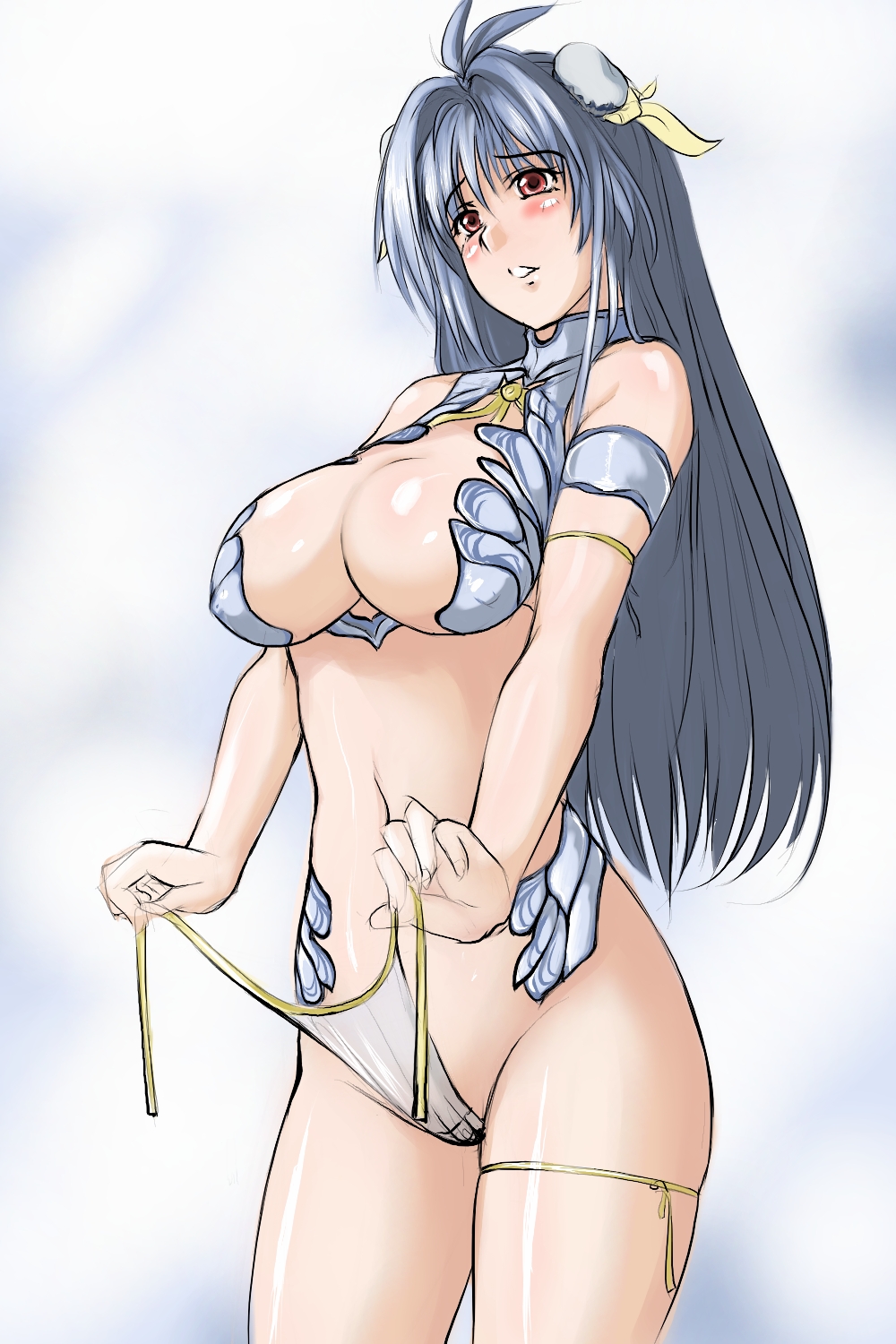 saruanu, kos-mos, xenosaga, bad id, bad pixiv id, highres, 00s, 1girl, bikini, blue hair, blush, breasts, bun cover, cleavage, double bun, embarrassed, female focus, hair bun, large breasts, long hair, red eyes, side-tie bikini bottom, solo, swimsuit