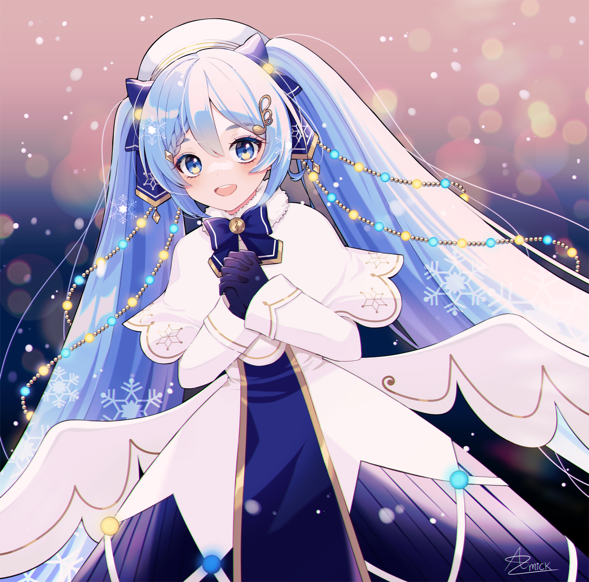 amick (americanomix), hatsune miku, yuki miku, yuki miku (2021), vocaloid, commentary, english commentary, 1girl, aqua eyes, aqua hair, beret, blue bow, blue gloves, blue tabard, blush, bow, braid, capelet, dress, fang, fortissimo, gloves, gold trim, hair between eyes, hair ornament, hand on own chest, hat, long hair, long sleeves, looking at viewer, miku day, musical note, musical note hair ornament, official alternate costume, official alternate hairstyle, open mouth, outdoors, own hands together, skirt hold, smile, snowflake print, snowing, solo, tabard, twintails, very long hair, white capelet, white hat