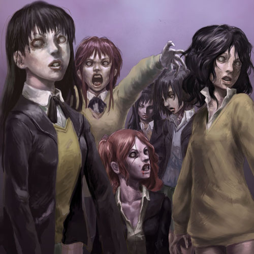 senri, shigumo (shigeru), ayatsuji tsukasa, morishima haruka, nakata sae, nanasaki ai, sakurai rihoko, tanamachi kaoru, amagami, bad id, bad pixiv id, lowres, 6+girls, creepy, empty eyes, horror (theme), multiple girls, zombie