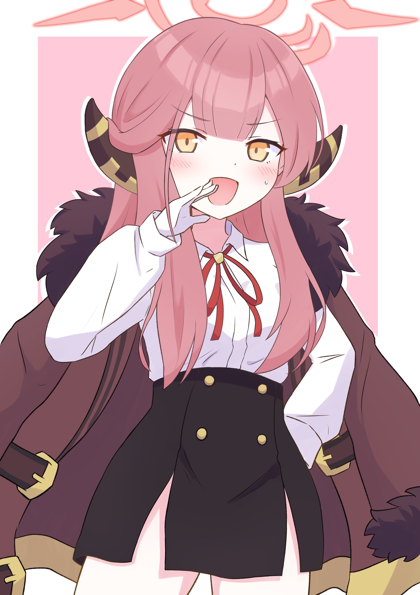 oboroillust, aru (blue archive), blue archive, commentary request, highres, 1girl, black skirt, blush, brown coat, brown horns, coat, coat on shoulders, demon horns, fur-trimmed coat, fur trim, gloves, halo, hand to own mouth, high-waist skirt, horns, long hair, long sleeves, low horns, neck ribbon, open mouth, orange eyes, pink hair, pink halo, red ribbon, ribbon, shirt, simple background, skirt, solo, white gloves, white shirt