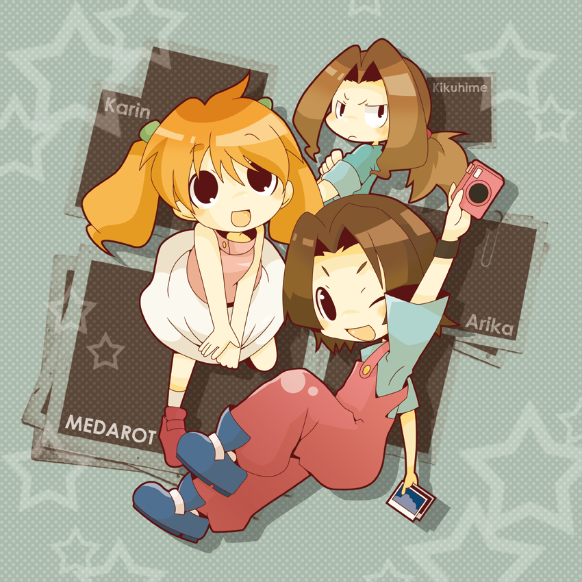 misaki, misaki (1n1m), amazake arika, junmai karin, kikuhime, medarot, 3girls, ;d, ahoge, angry, blush, brown eyes, brown hair, buttons, camera, character name, chibi, child, copyright name, flat chest, frown, hair between eyes, holding, leaning forward, leg lift, long hair, looking at viewer, looking back, multiple girls, one eye closed, open mouth, orange hair, overalls, photo (object), polka dot, polka dot background, ponytail, profile, scrunchie, shadow, shirt, shoes, short hair, sitting, skirt, sleeveless, sleeveless shirt, sleeves rolled up, smile, socks, standing, standing on one leg, star (symbol), turtleneck, twintails, v arms, wink, wristband