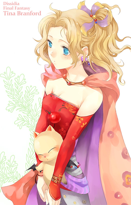 ariko, moogle, tina branford, dissidia final fantasy, final fantasy, final fantasy vi, bad id, bad pixiv id, 1990s (style), 1girl, amano yoshitaka design, blonde hair, blue eyes, cape, detached sleeves, earrings, female focus, jewelry, pantyhose, ponytail, retro artstyle, solo