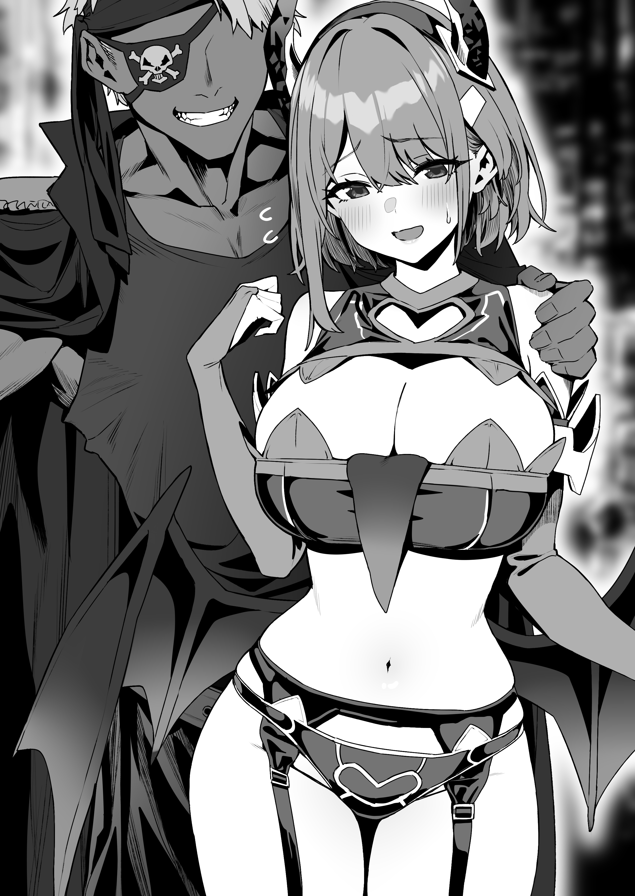 baffu, hitoyo (baffu), original, absurdres, commentary request, highres, 1boy, 1girl, bikini, breasts, bridal gauntlets, cleavage, clenched teeth, dark-skinned male, dark skin, demon horns, demon wings, eyepatch, faceless, faceless male, fake horns, garter belt, greyscale, hairband, hand on another's shoulder, horns, large breasts, looking at viewer, monochrome, navel, short hair, skull and crossbones, smile, standing, swimsuit, teeth, thighs, wings