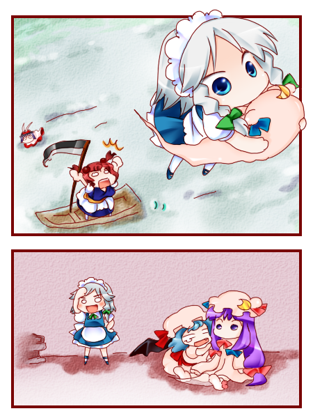 aoi mitsuru, izayoi sakuya, nagae iku, onozuka komachi, patchouli knowledge, remilia scarlet, touhou, silver hair, 5girls, bat wings, blue eyes, blue hair, braid, chibi, female focus, ghost, hairband, hat, long hair, multiple girls, purple eyes, purple hair, red hair, scythe, short hair, tears, twin braids, twintails, two side up, wings