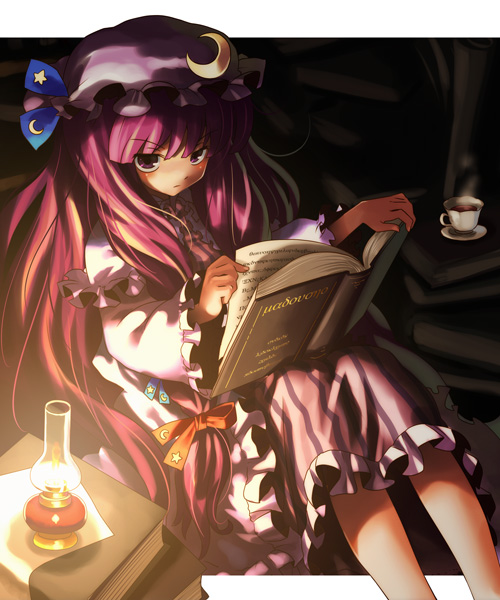 katahira masashi, patchouli knowledge, touhou, 1girl, book, cup, female focus, hat, lamp, long hair, mob cap, open book, purple eyes, purple hair, reading, serious, solo