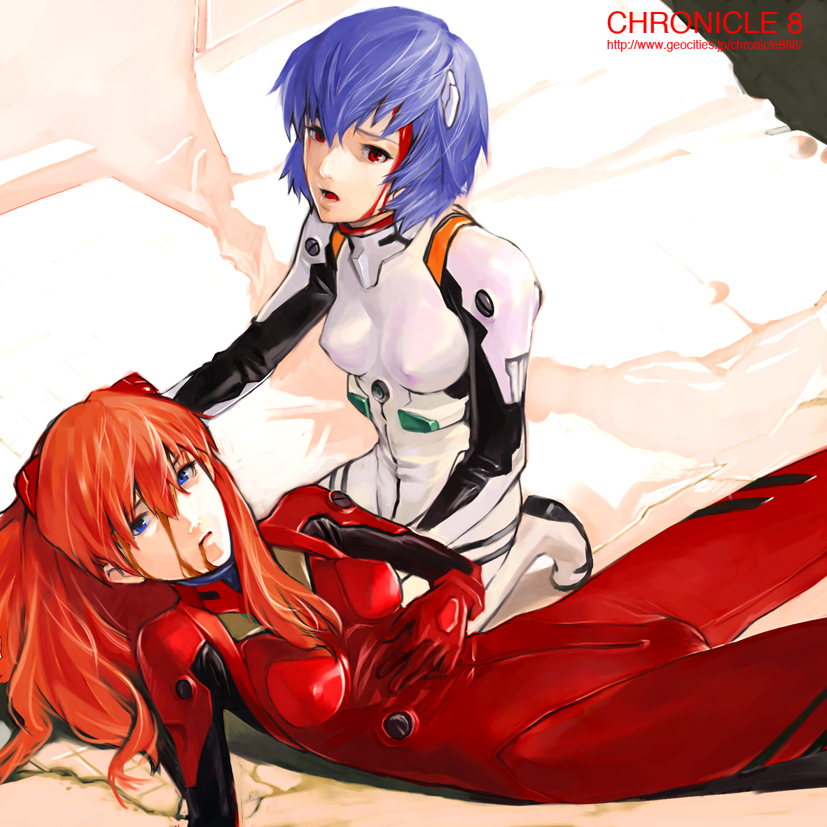 kiyohisa, ayanami rei, souryuu asuka langley, neon genesis evangelion, 2girls, blood, blue eyes, blue hair, breasts, cameltoe, covered erect nipples, holding, injury, long hair, lying, mecha pilot suit, multiple girls, nipples, open mouth, orange hair, plugsuit (evangelion), red eyes, small breasts, wide hips