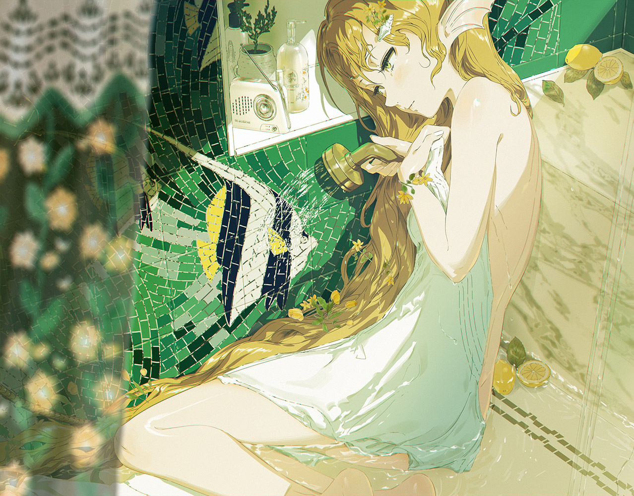 miv4t, original, 1girl, ass, blonde hair, blush, breasts, dimples of venus, expressionless, fins, food, fruit, head fins, lemon, long hair, naked towel, nude, shower (place), showering, sitting, small breasts, solo, tiles, towel, very long hair, water, yellow eyes