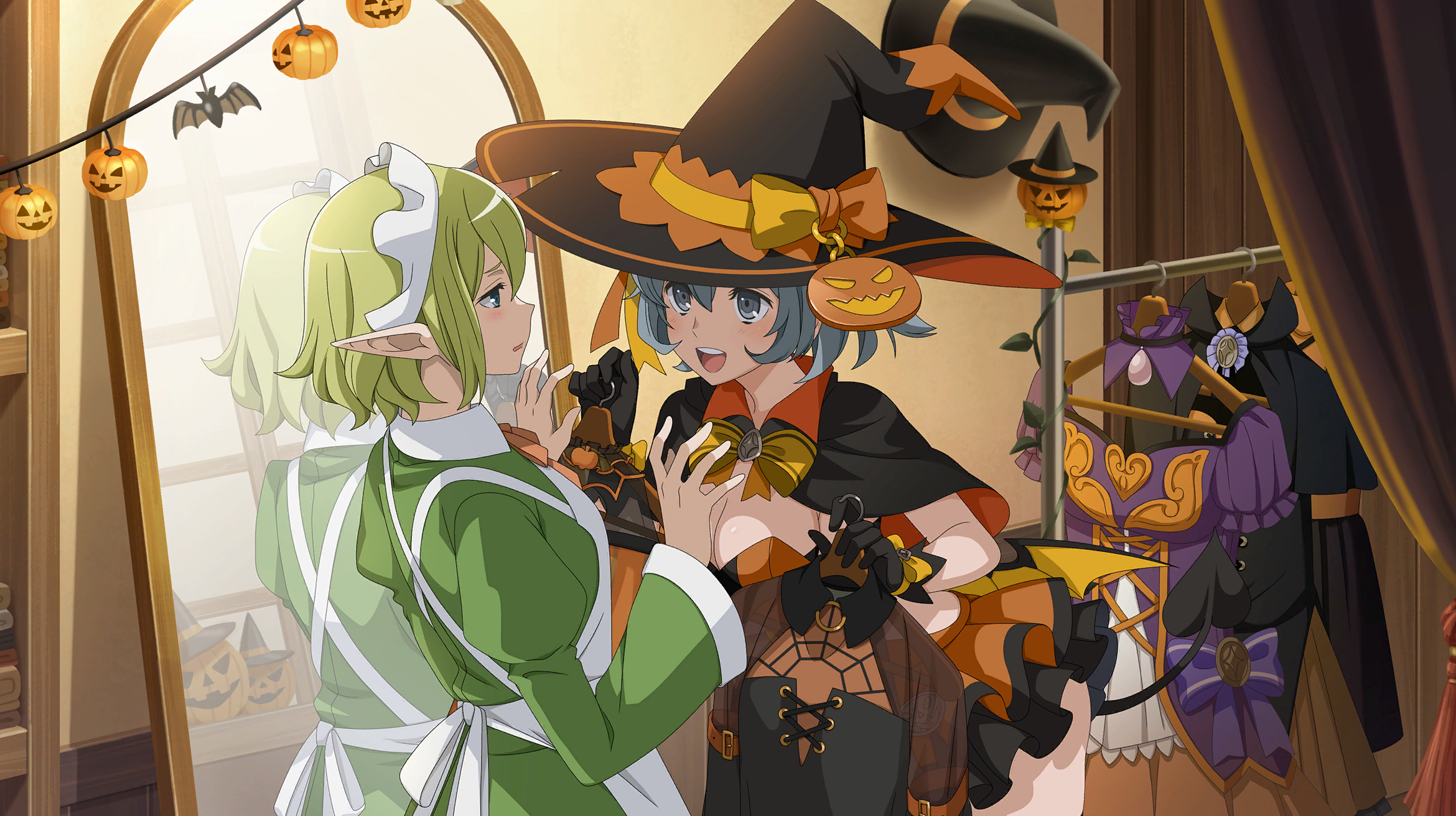 ryu lion, syr flover, danmachi battle chronicle, dungeon ni deai wo motomeru no wa machigatteiru darou ka, game cg, highres, non-web source, official art, 2girls, :d, anime coloring, apron, black cape, black dress, black gloves, black hat, blue eyes, bow, breasts, cape, cleavage, clothes hanger, collared dress, demon tail, demon wings, dress, elf, fake tail, fake wings, frilled dress, frills, full-length mirror, gloves, green dress, green hair, grey eyes, grey hair, halloween, halloween costume, hands up, hat, hat bow, holding, holding clothes hanger, imminent forced dressing, indoors, jack-o'-lantern, juliet sleeves, long sleeves, looking at another, low wings, maid headdress, medium breasts, mirror, multicolored dress, multiple girls, neck ribbon, official alternate costume, open mouth, orange bow, orange dress, orange ribbon, parted lips, pointy ears, puffy sleeves, reflection, ribbon, short hair, smile, tail, unworn dress, white apron, white headdress, wings, witch, witch hat
