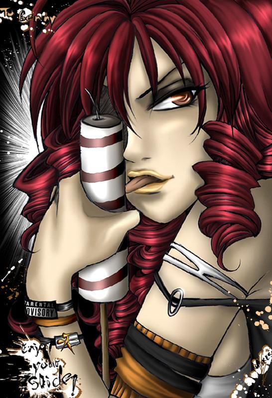 isuzu emi, tenjou tenge, tagme, drill hair, lipstick, makeup, red hair, tongue