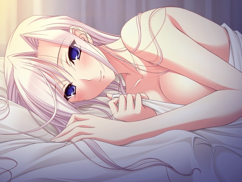 komori kei, charlotte hazellink, princess lover, game cg, 1girl, bed, blue eyes, breasts, cleavage, female focus, large breasts, long hair, lying, nude, pink hair, purple eyes, smile, solo