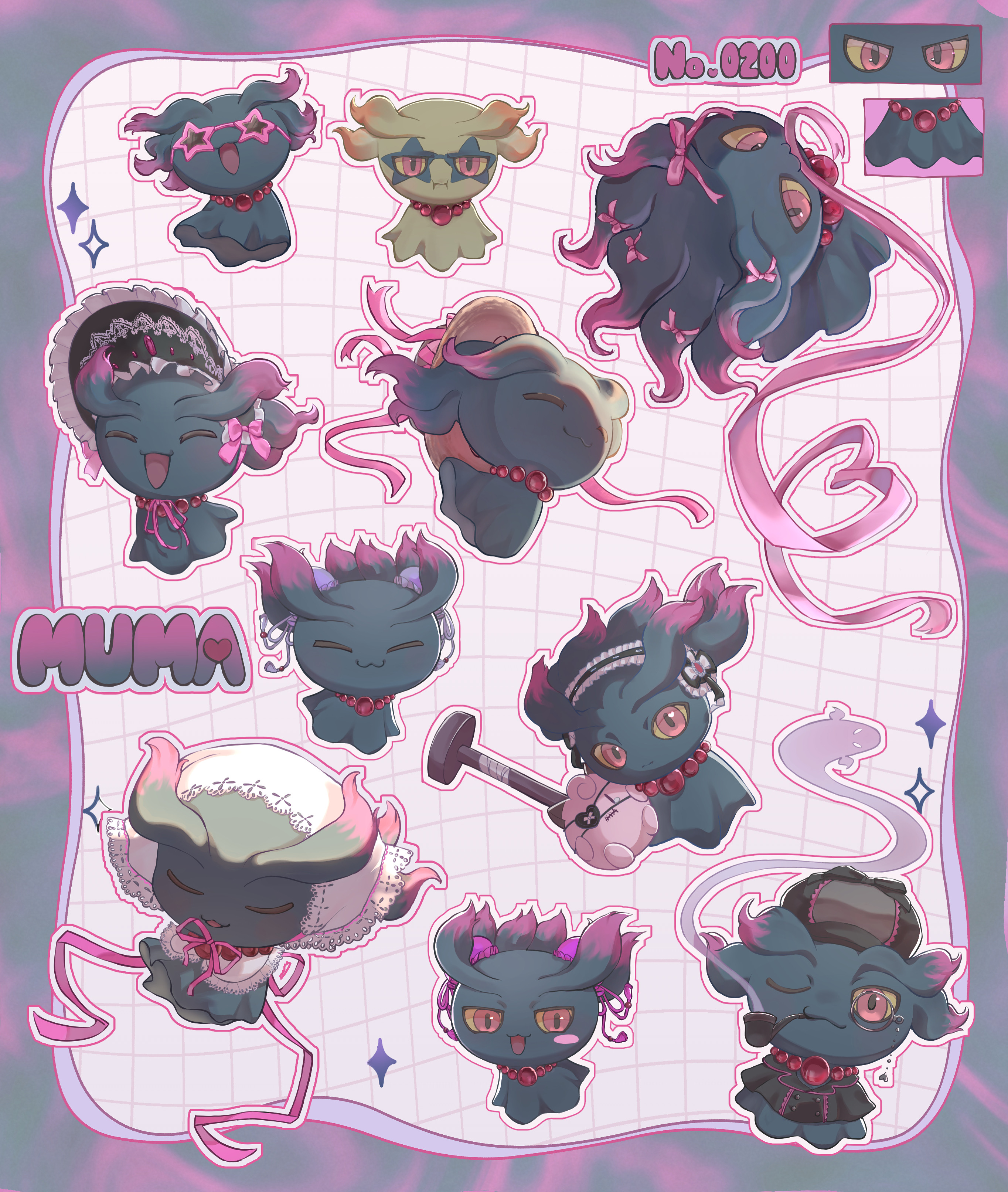 kurineme, misdreavus, nintendo, pokemon, absurdres, commentary request, highres, :d, alternate color, beads, border, closed eyes, clothed pokemon, colored sclera, doll, gen 2 pokemon, grey border, grid background, hat, monocle, multiple views, nail (hardware), no humans, open mouth, pink eyes, pink ribbon, pokedex number, pokemon (creature), pokemon focus, ribbon, shiny pokemon, smile, smoke, smoking pipe, yellow sclera