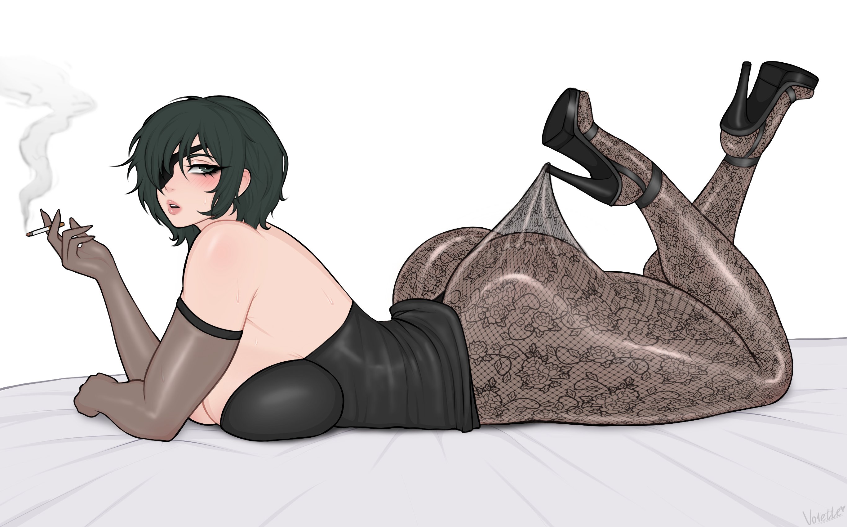 vo1ette, himeno (chainsaw man), chainsaw man, highres, 1girl, black shoes, breasts, cigarette, elbow gloves, eyepatch, floral print pantyhose, full body, gloves, green eyes, green hair, hair over one eye, high-waist pantyhose, high heels, holding, holding cigarette, hooked on heel, lace pantyhose, lace pantyhose hooked on heel (meme), large breasts, looking at viewer, lying, meme, on bed, on stomach, one eye covered, open-toe shoes, pantyhose, pantyhose tug, parted lips, shoes, short hair, sideboob, solo, sweat, the pose, white background